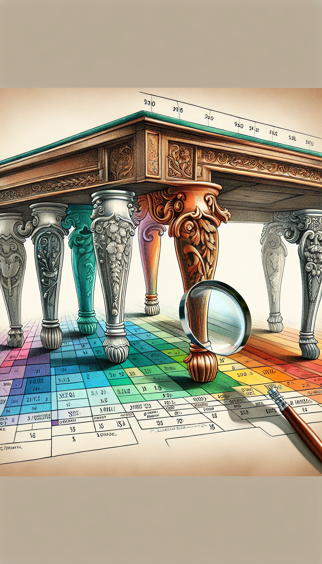 An intricately sketched quartet of cabriole legs gracefully supports a transparent antique table-top, through which a timeline flows on its surface, denoting key historical periods. Each leg is adorned with period-specific details like carvings and foot styles, subtly color-coded to match the timeline. A magnifying glass hovers over one leg, hinting at the detective work involved in dating these elegant furnishings.