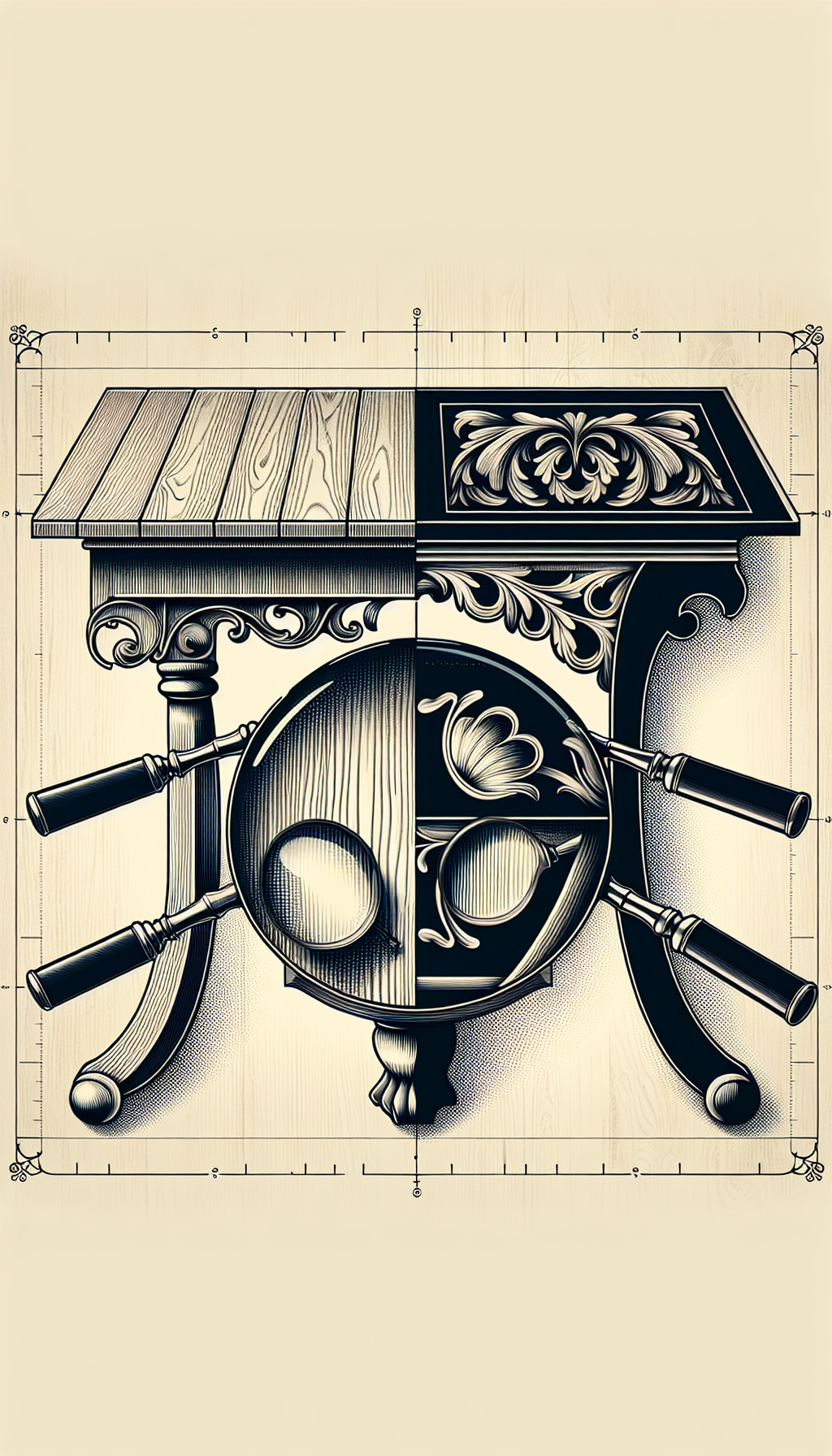 An elegant illustration depicts half of a trestle and half of a gate-leg table, seamlessly merging at the center. Above the tables float magnifying glasses, each highlighting unique period features like claw-and-ball feet or intricately carved motifs. The background subtly transitions from an antique wood grain texture to a sleek, modern gradient, symbolizing the evolution of style and strength through time.