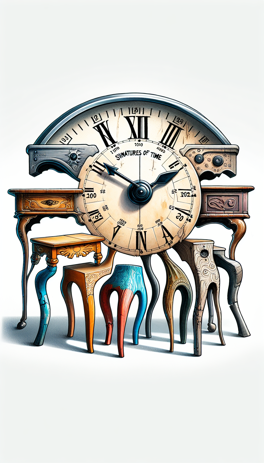 An illustration featuring a whimsical clock with table legs instead of clock hands, each leg from a different historical period, showcasing distinctive aging marks and design styles. The clock’s face is a magnifying glass, symbolizing the detective work in dating antiques, with noticeable age marks at each hour position, emphasizing the 'Signatures of Time'.