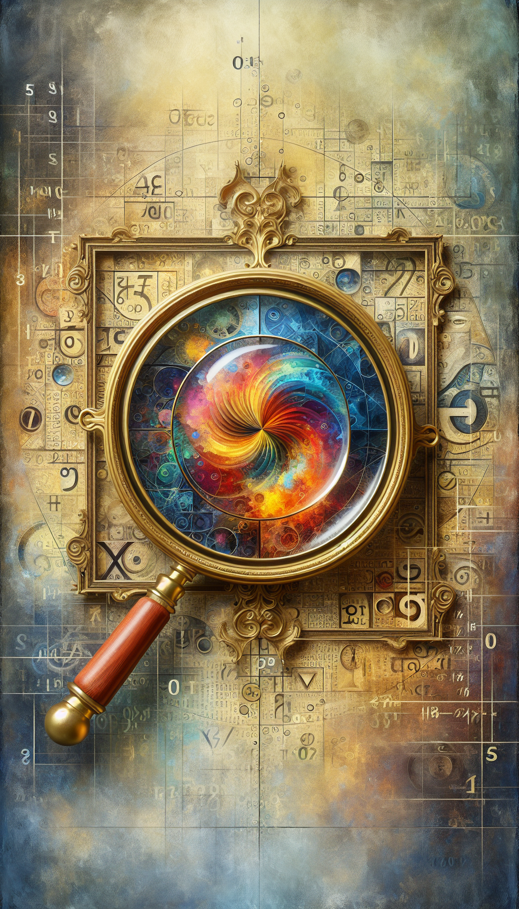 An illustration depicts an ornate magnifying glass framed by a classical gold leaf picture frame, through which a vibrant, abstract painting is in sharp focus. A subtle background of swirling numbers and currency symbols hint at the analytical process of appraisal behind the subjective beauty of fine art, capturing the juxtaposition of art and its valuation.