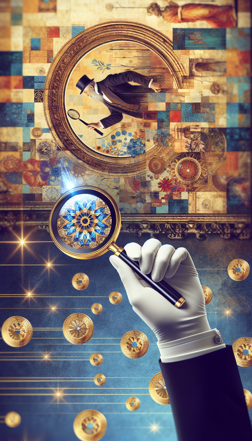 An elegant hand with a jeweler's loupe magnifies a section of an intricate painting, revealing layers of historical events within its brushstrokes. The artwork morphs into shimmering gold coins at the edges, symbolizing its appraised prestige and worth. Styles range from photorealistic details on the painting to abstract, cubist representations of the coins, reflecting the complexity of art valuation.