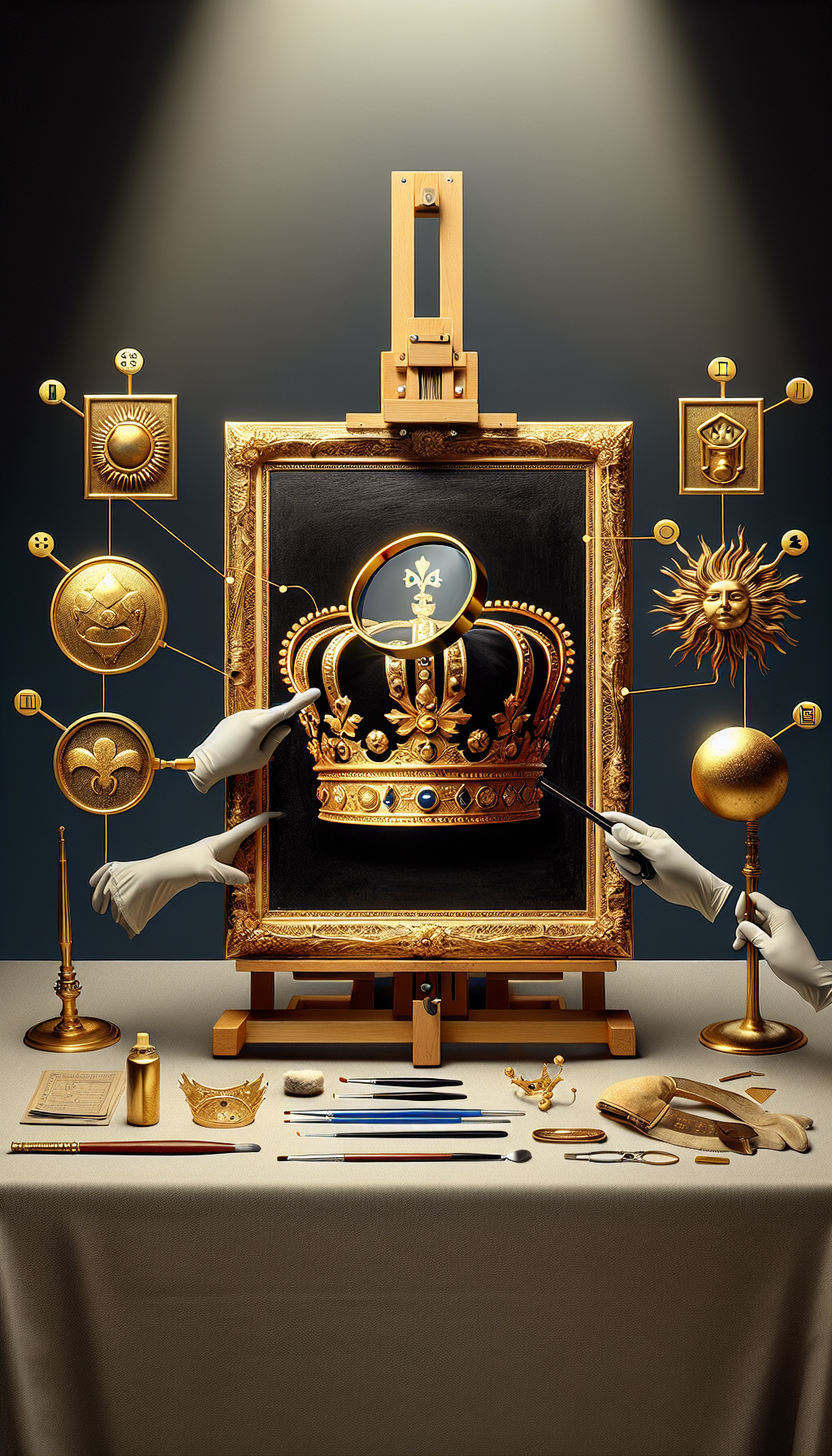 A regal, golden crown rests atop a pristine, classical painting on an easel, with a magnifying glass scrutinizing a corner for imperfections. Surrounding the easel are three royal scepters, each topped with symbols of art condition: a sun (for light exposure), water droplet (for humidity), and a dust particle (for cleanliness). Fine art appraisal tools like condition reports and gloves lie on an adjacent table.