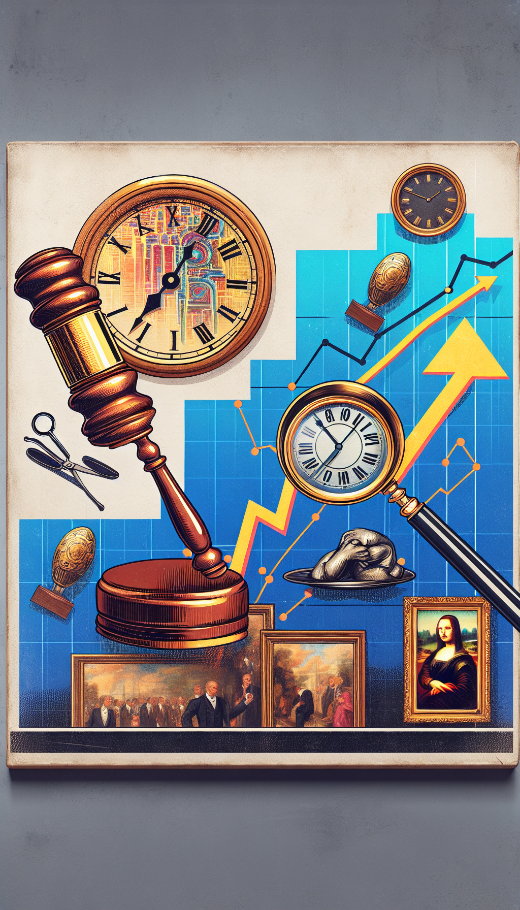 An illustration depicts a stylish auction gavel poised above a vibrant graph of ascending market trends, twin images faded beneath: a clock inscribed within the graph, ticking towards a high point and a magnifying glass scrutinizing a classic painting's details. This symbolizes strategic timing and the precision of fine art appraisal in informed selling.