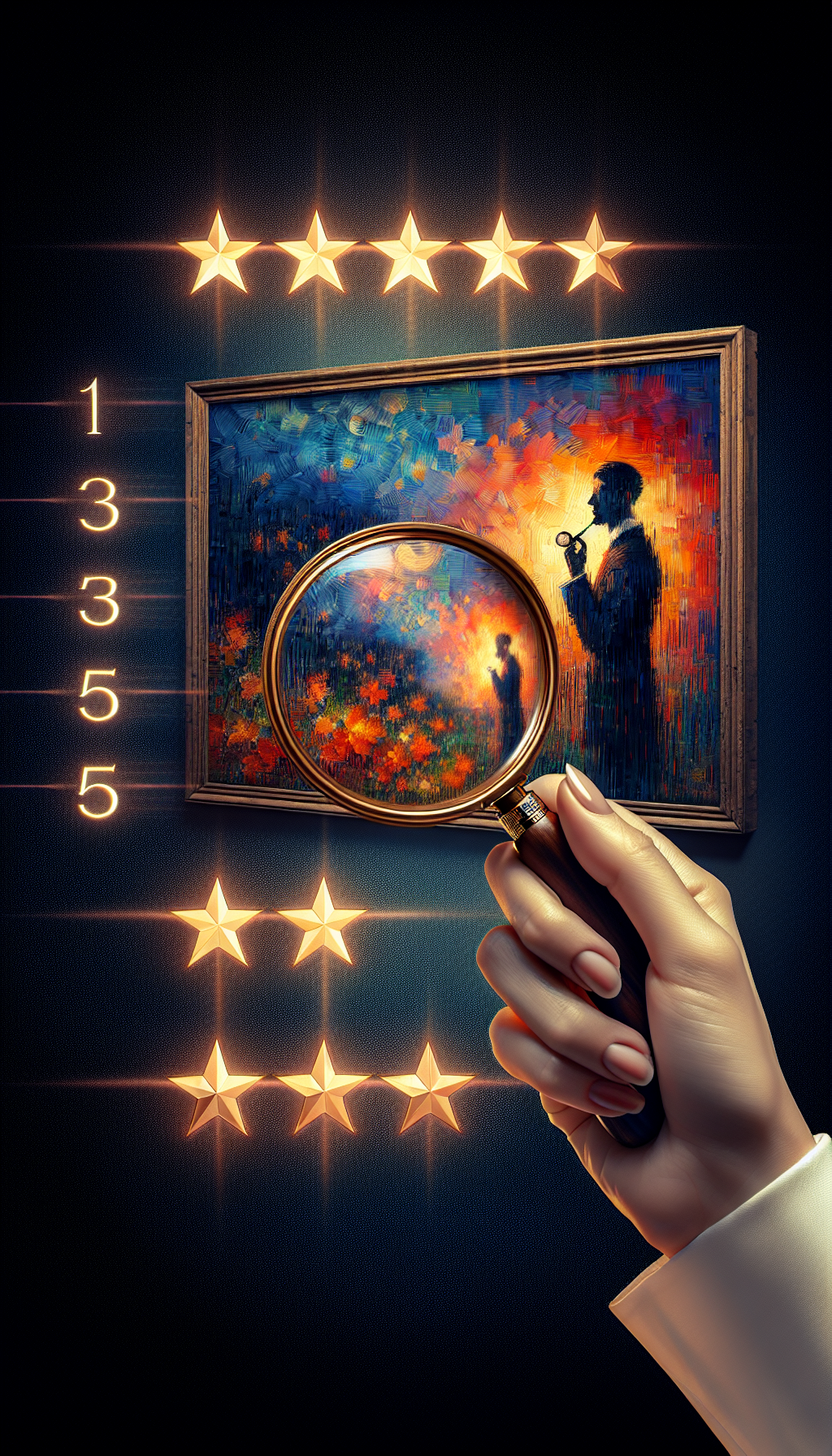 An elegant hand holding a magnifying glass that carefully examines a vibrant, impressionist canvas while a row of numbered stars from one to five—a nod to the '5 Appraisal Essentials'—shimmer above. The reflection in the glass reveals a silhouette wearing a monocle, symbolizing the expert gaze of a qualified fine art appraiser.