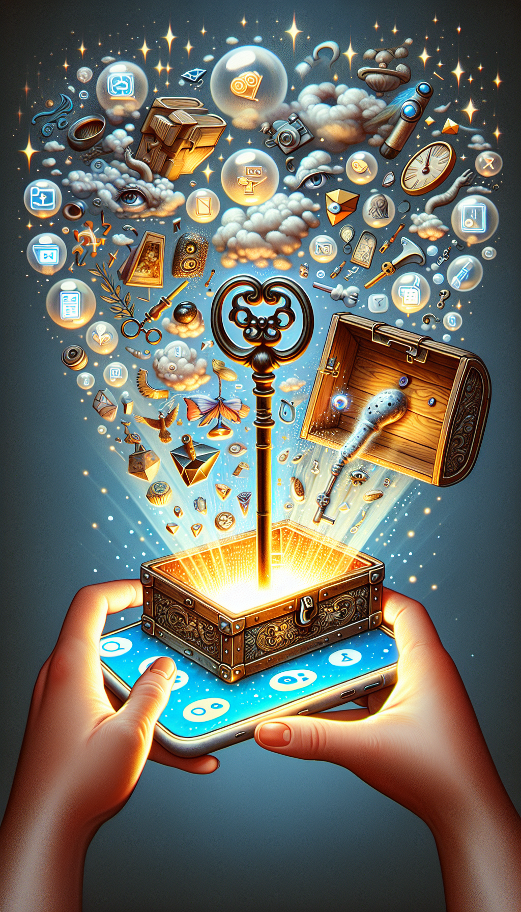 A whimsical, digital illustration shows a vintage key turning inside a glowing smartphone screen, opening a treasure chest overflowing with paintings, sculptures, and jewels. Icons of app interfaces float like bubbles around the chest, each labeled with valuation tools as curious eyes peer from behind artworks—the concept of free art appraisal conveyed with a touch of mystery and discovery.