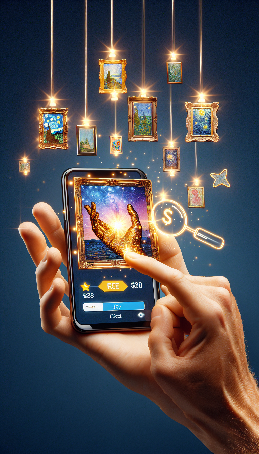 An illustration showcasing a hand extending from a smartphone screen, each fingertip adorned with a famous work of art—tiny, glowing price tags floating above them, all marked with a bold "$0". Gently resting on the screen is a magnifying glass app icon, signifying the freedom and ease of appraising art with a simple touch.