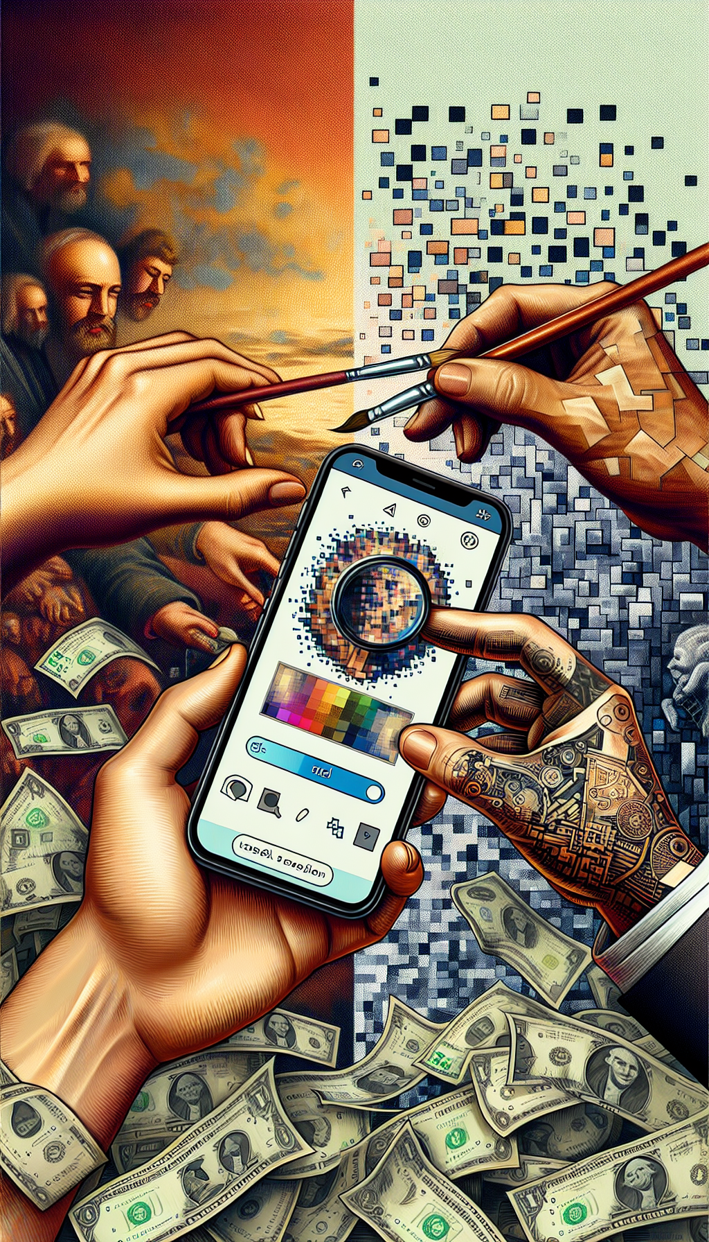 An image split into three sections with distinct style transitions: at the left, a painter's hand puts the final stroke on a canvas, the middle morphs into pixelation representing digital appraisal transformation, and the right shows a smartphone displaying the app's value estimation amidst scattered banknotes, with the app icon featuring a magnifying glass over a painting to symbolize the art valuation process.