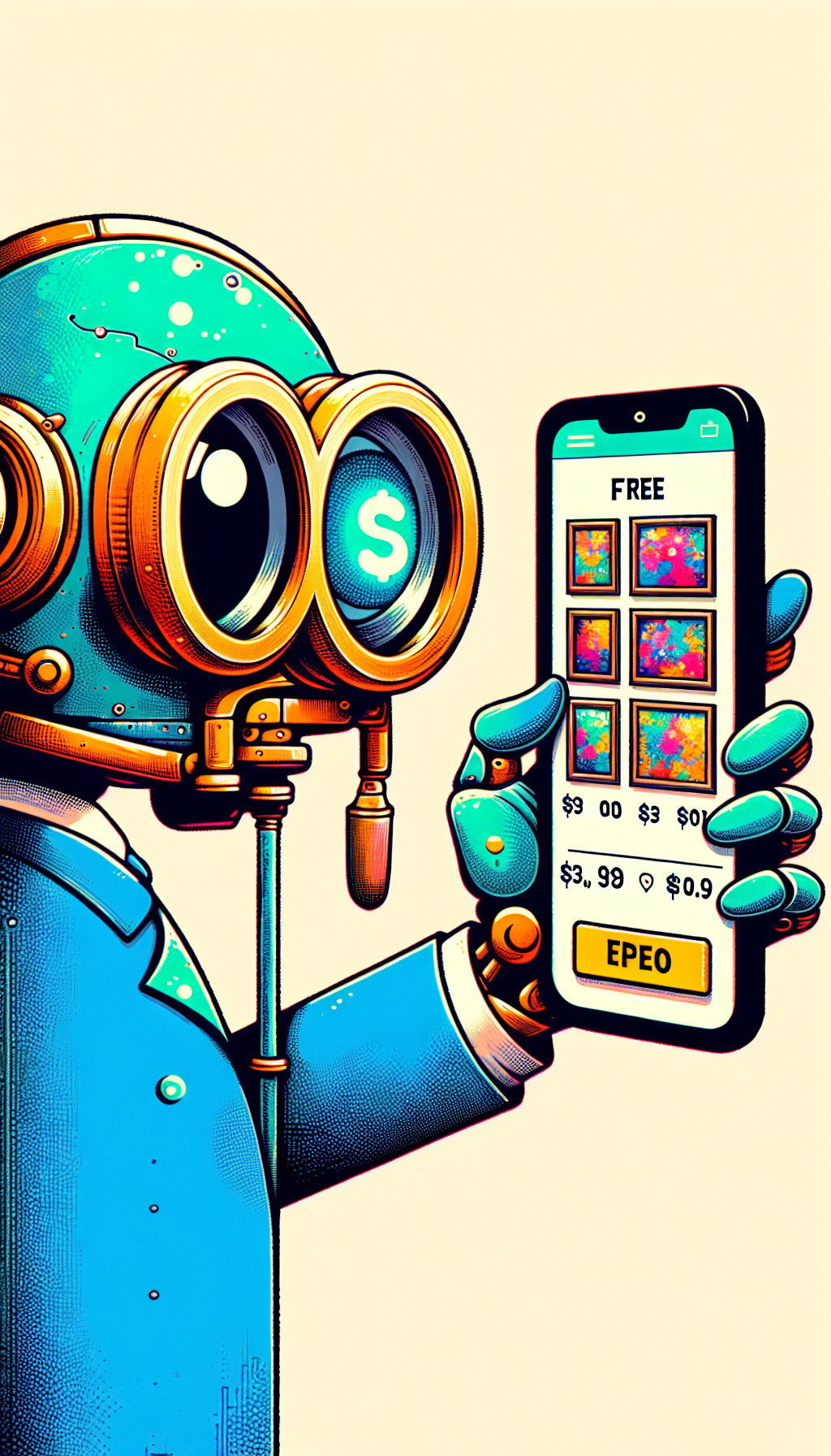 A whimsical caricature of a quirky robot art critic, equipped with oversized, magnifying monocle eyes, assesses a colorful gallery of digital art frames on a smartphone screen, with price tags reading $0. The fusion of classic critique with contemporary technology is rendered in a playful, mix-matched art style, juxtaposing pixel art with watercolor and line art elements.