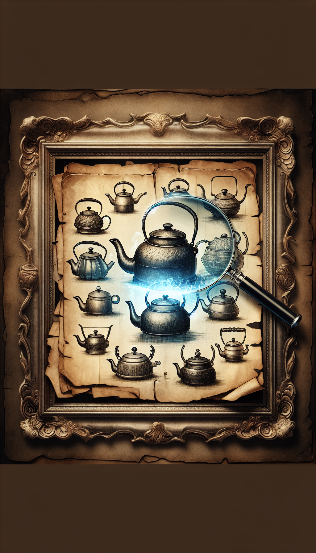 An illustration shows a semi-transparent layer of parchment over an antique cast iron kettle, covered with faded ink sketches of different kettles' identifying marks and ages. A magnifying glass hovers over the parchment, revealing a clear, glowing appraisal value beneath, symbolizing the revealed secrets of the kettle's worth through time's marks. Vintage frame and intricate scrollwork encompass the scene for an antique feel.