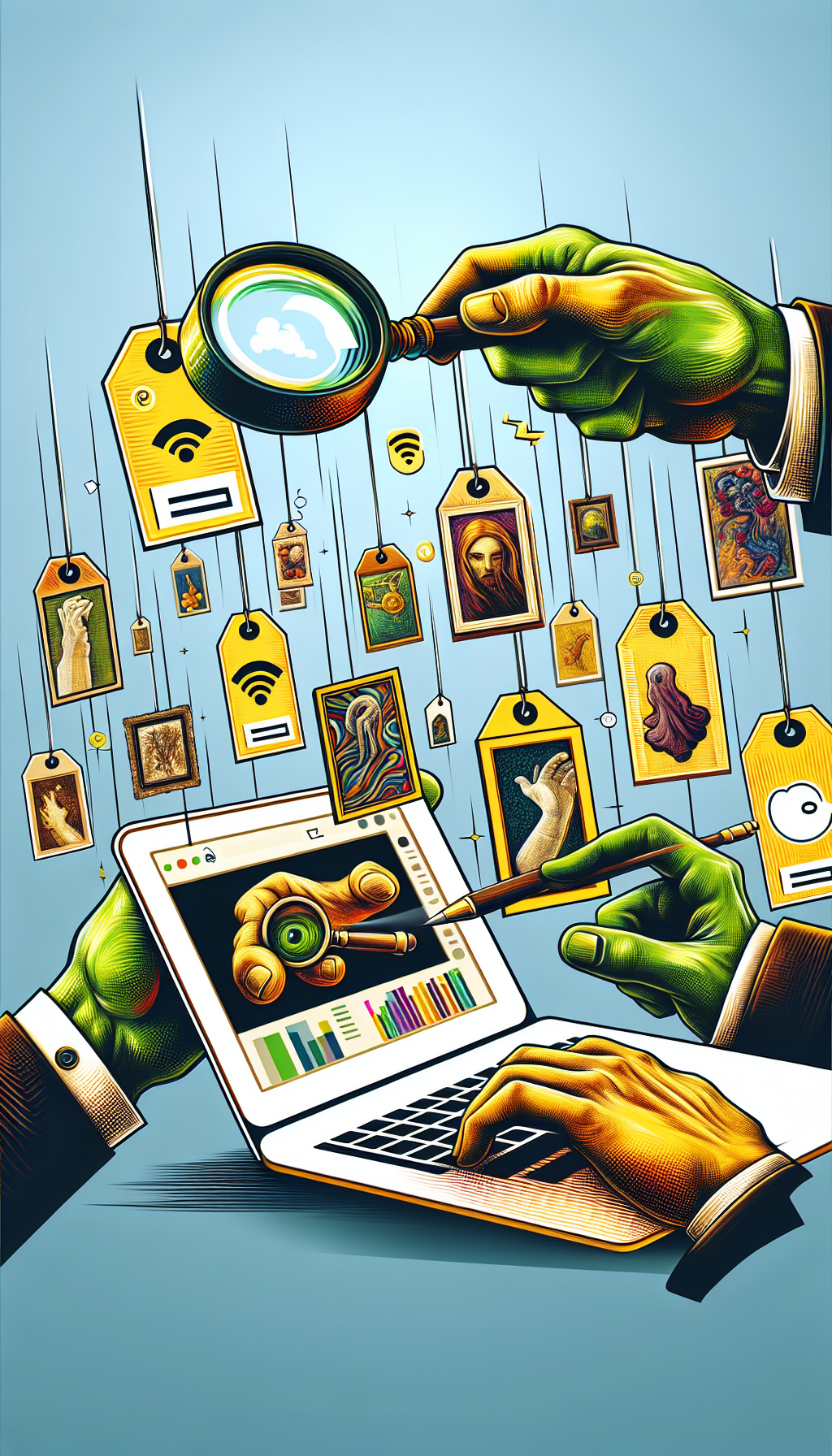 A playful, vibrant digital illustration shows an artist's hand reaching out from a computer screen, holding a magnifying glass to assess a diverse array of art pieces that float in a cyberspace gallery. Stylized price tags dangle from each artwork with a "0" to denote the free service, subtly weaving in symbols of WiFi signals and cloud icons to emphasize the online aspect.