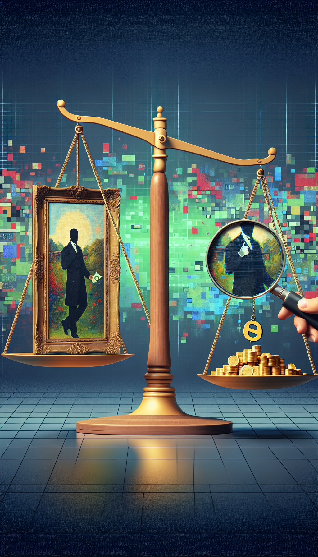 A digital scale balancing a classical painting on one side and a stack of coins on the other, with a magnifying glass focusing on a "0$" price tag dangling from the artwork. The background is a pixelated, abstract representation of an online interface to suggest virtual assessment, while an expert's silhouette with a thumbs-up subtly fades into the digital backdrop.