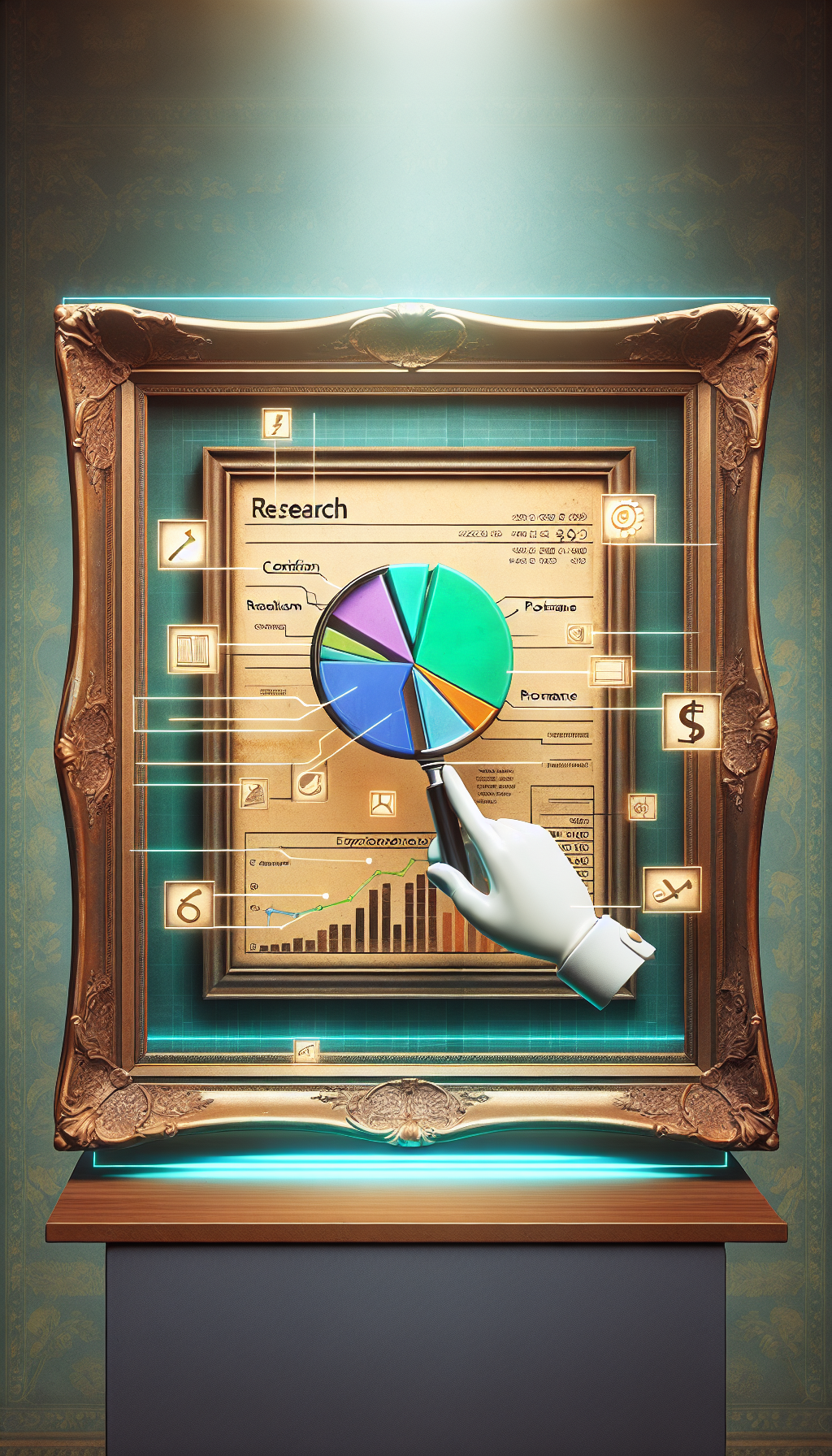 A digital tablet framed within a classic ornate picture frame displays a vibrant, 3D pie chart with segments labeled "Research," "Condition," "Provenance," etc., as a magnifying glass hovers above, insinuating scrutiny. Elegant, ghosted currency symbols fade in the backdrop, underscoring the free appraisal concept, while a cursor clicks on a prominent "Evaluate" button.