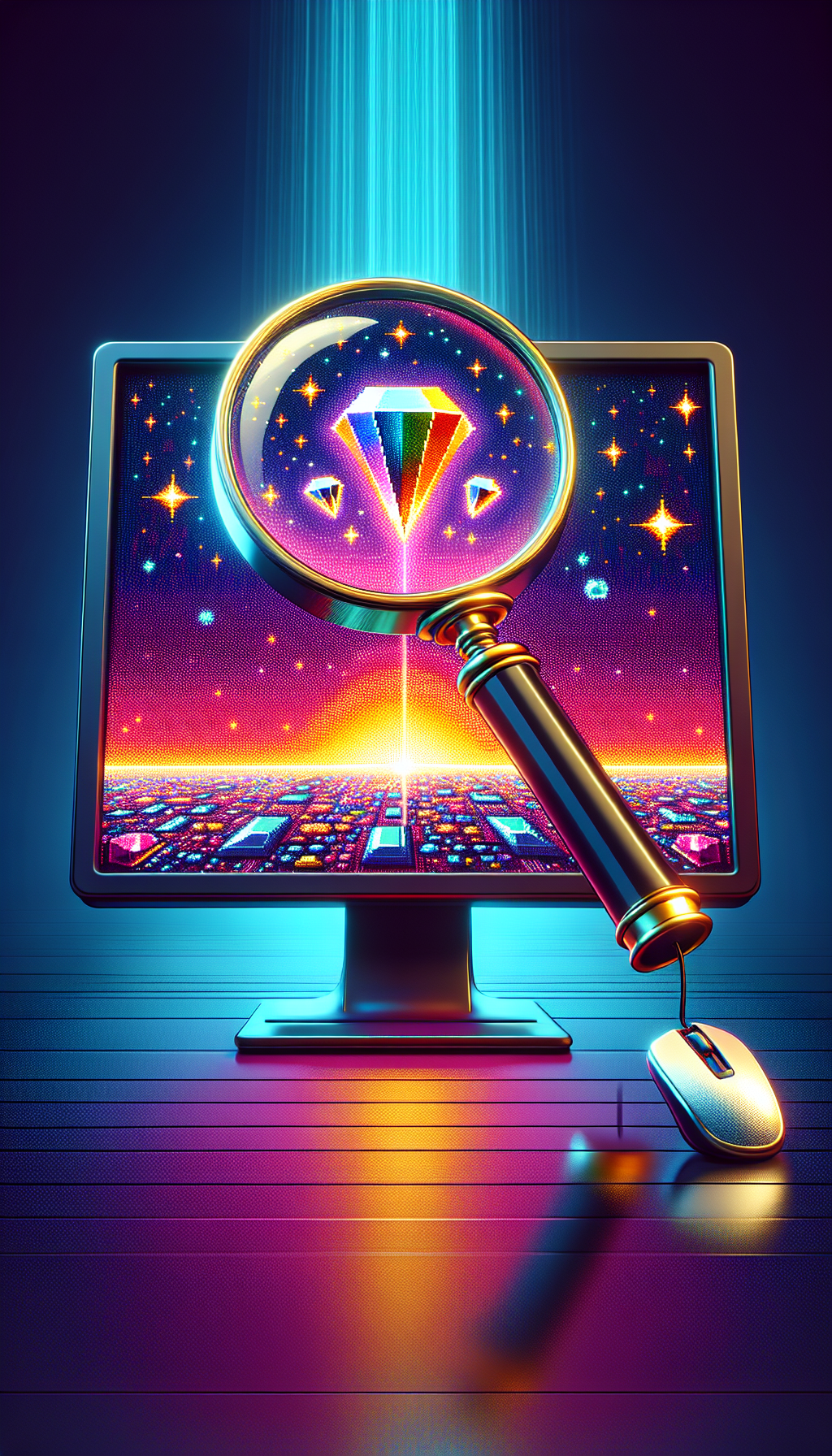 An illustration depicts a magnifying glass hovering over a vibrant, pixelated canvas on a screen, revealing otherwise unseen precious stones and glittery elements within the artwork, symbolizing the discovery of hidden value. At the magnifying glass's handle, clicks a cursor icon with the text "Free Appraisal" glowing like a neon sign. The image blends pixel art with realistic shading for depth.