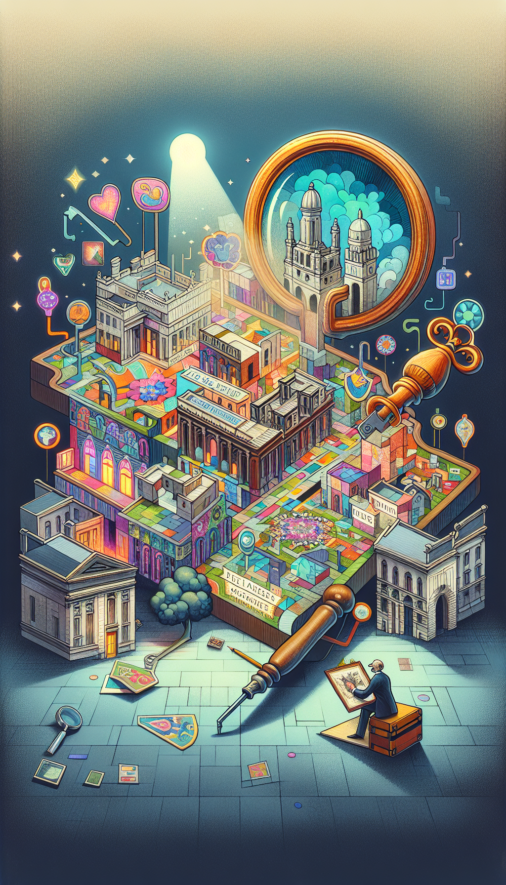 A whimsical, patchwork-style illustration depicts an artist turning a giant, ornate key into a colorful map of local buildings, each adorned with different artistic symbols representing services—framing, restoration, exhibitions. A magnifying glass hovers over the map, under which "Free Art Appraisers" glow, spotlighting their proximity to the artist, imbuing the local community with a sense of artistic treasure-hunting potential.