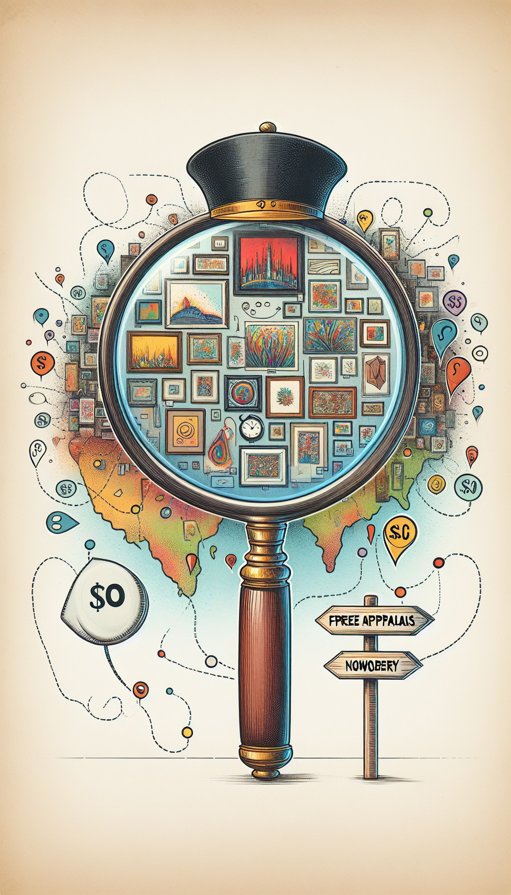 An animated magnifying glass adorned with an expert's cap peers over a diverse gallery of artwork. Within its lens, paintings transform into price tags with "$0". A dotted line from the magnifying glass extends to the corner with a pin drop labeled "Free Appraisals Nearby," against a backdrop of a whimsical map, blending watercolor, line art, and digital graphics.