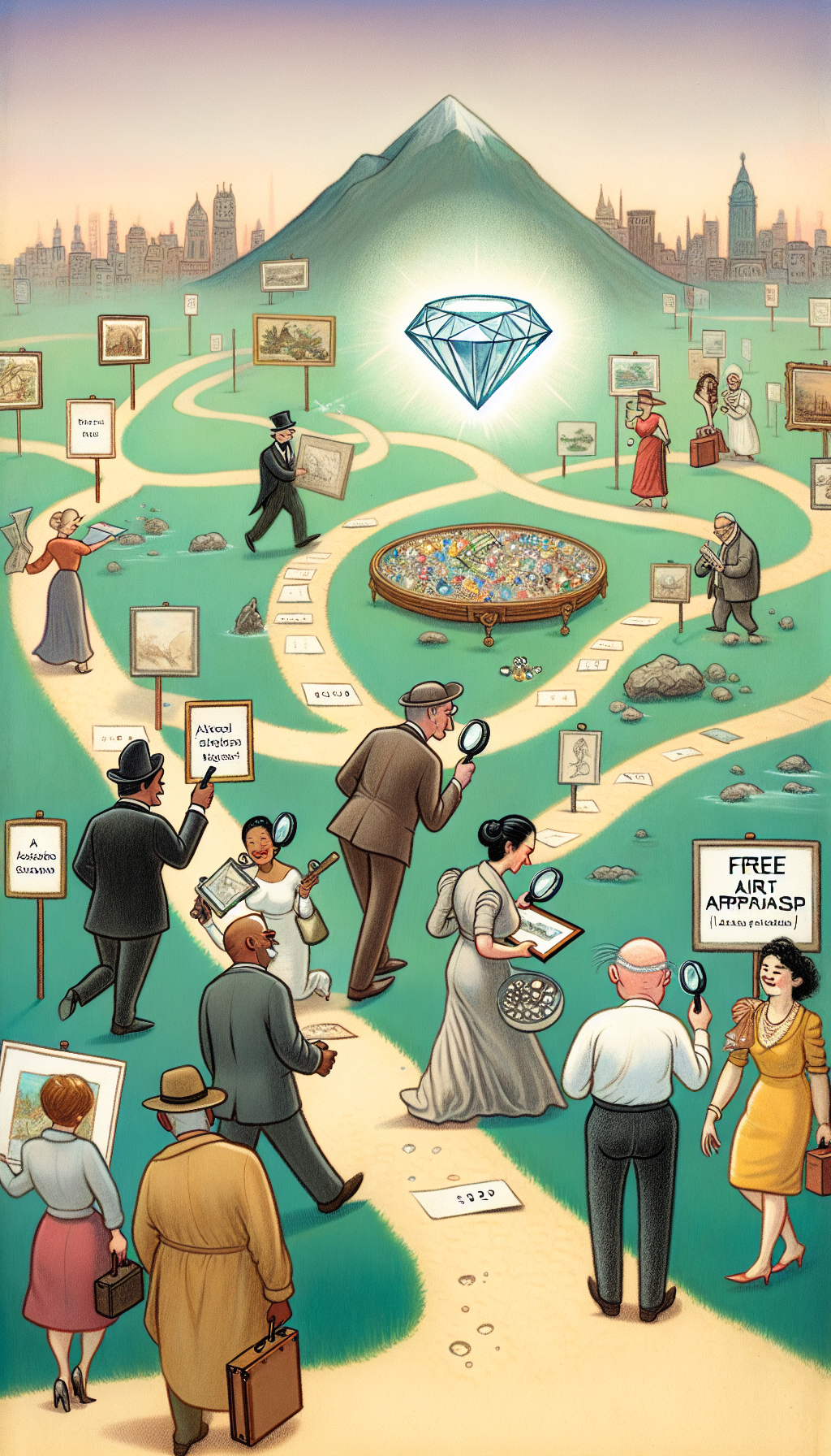 A whimsical illustration features a treasure map with local landmarks, leading to a sparkling diamond labeled "Free Art Appraisal." The diverse paths, drawn in distinct styles—from watercolor to line art—converge at this point. Appraisers, depicted as friendly caricatures with magnifying glasses and jeweler's loupes, eagerly examine artworks brought by a community of artists.