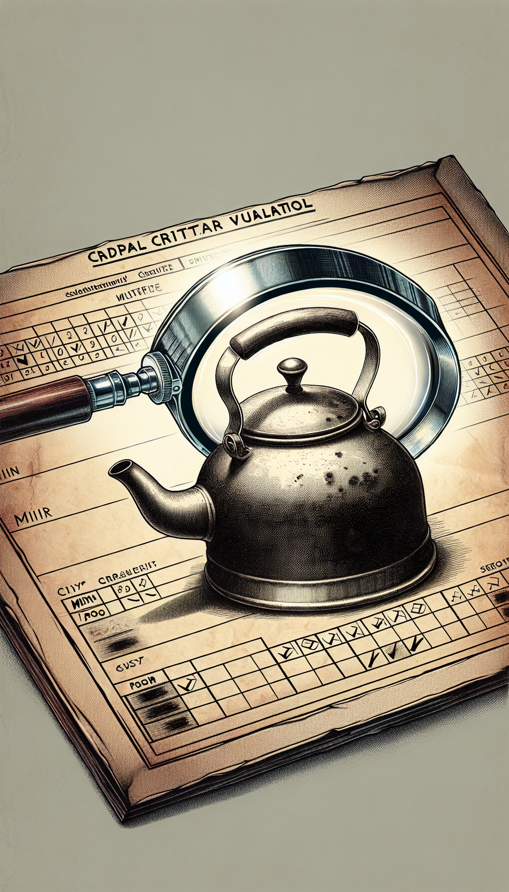 An illustration depicting a magnifying glass examining the surface of an old cast iron kettle, with a transparent scale of conditions ranging from "Mint" to "Poor" appearing through the lens, symbolizing critical assessment. The kettle sits atop an antique grading chart, with highlights pointing to unique characteristics that define its value. The art style transitions from photorealism within the magnifying scope to a sketch-like style on the chart's perimeter.