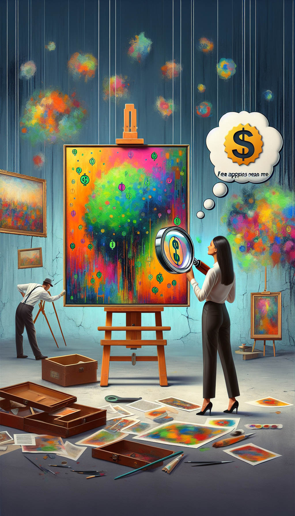 An image featuring a magnifying glass revealing hidden dollar signs and quality stamps within the brushstrokes of a vibrant, abstract painting. A thought bubble from a nearby art enthusiast's head floats above with the phrase "Free Art Appraisers Near Me." The surrounding styles transition from realist detail around the person to impressionistic and surreal surrounding the artwork, embodying the blend of precision and creativity in appraisal.