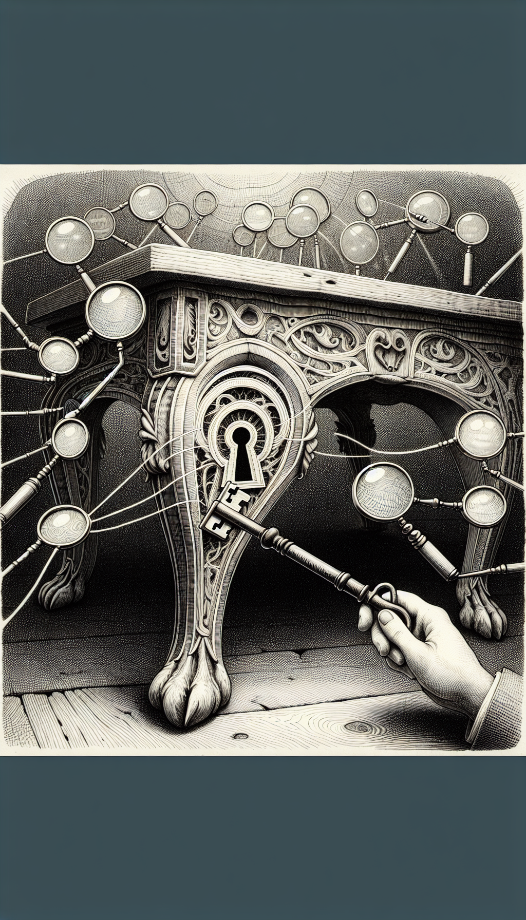 An intricately drawn vintage key is inserted into a whimsical, ornate table leg keyhole, with mystical lines emanating from it, symbolizing the unlocking of knowledge. Above the table hover magnifying glasses focusing on distinctive features like claw feet, dovetail joints, and wood patina, each highlighting different identification clues, rendered in styles varying from detailed cross-hatching to bold art deco lines.