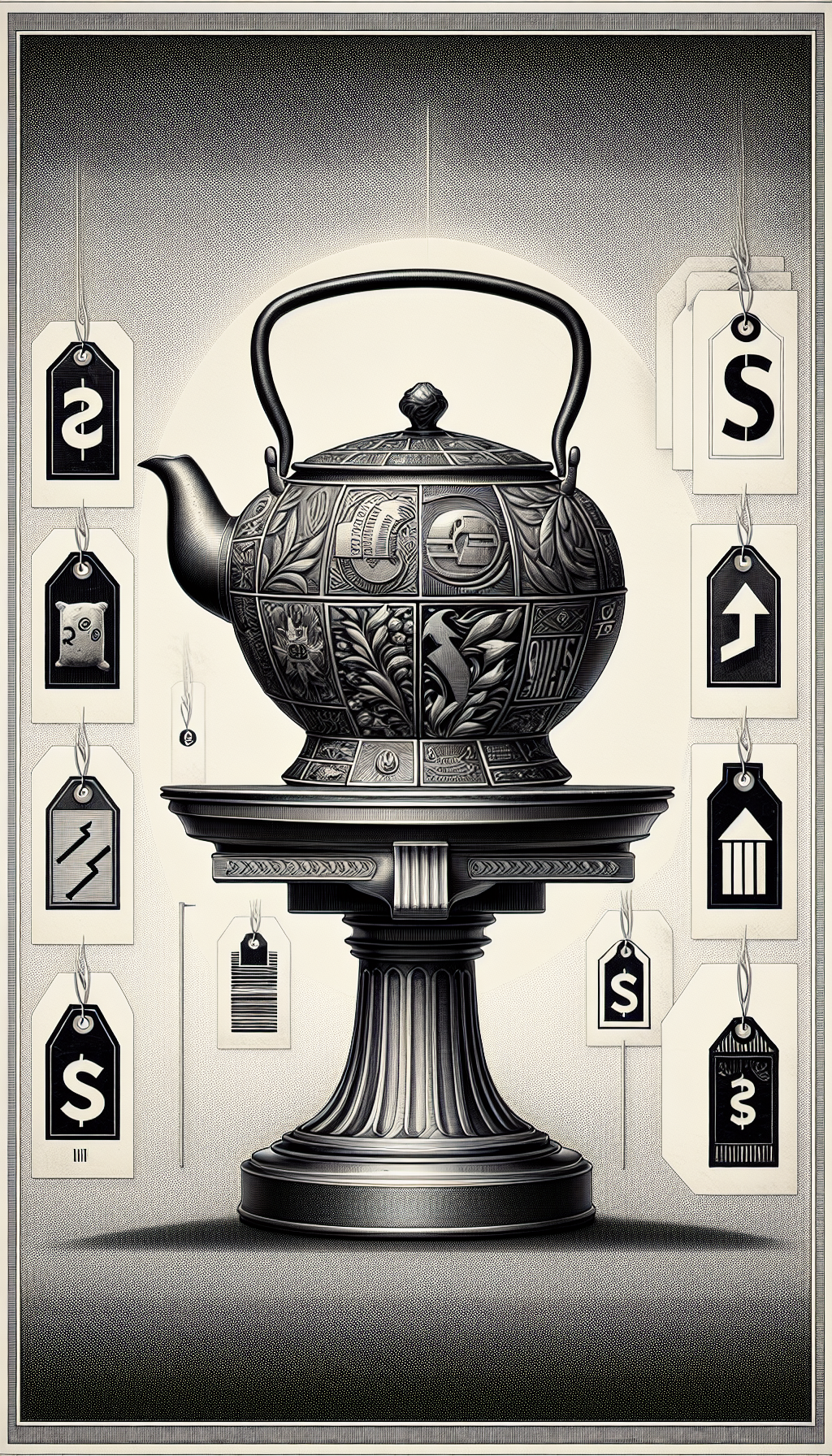 A vintage cast iron kettle sits prominently on a pedestal, its surface etched with renowned manufacturers' logos morphing into dollar signs and up arrows. The pedestal resembles an auction block with tags showing incremental value depending on the brand mark. Different areas of the image are rendered in styles ranging from hyper-realism to abstract, symbolizing diverse perceptions of value.