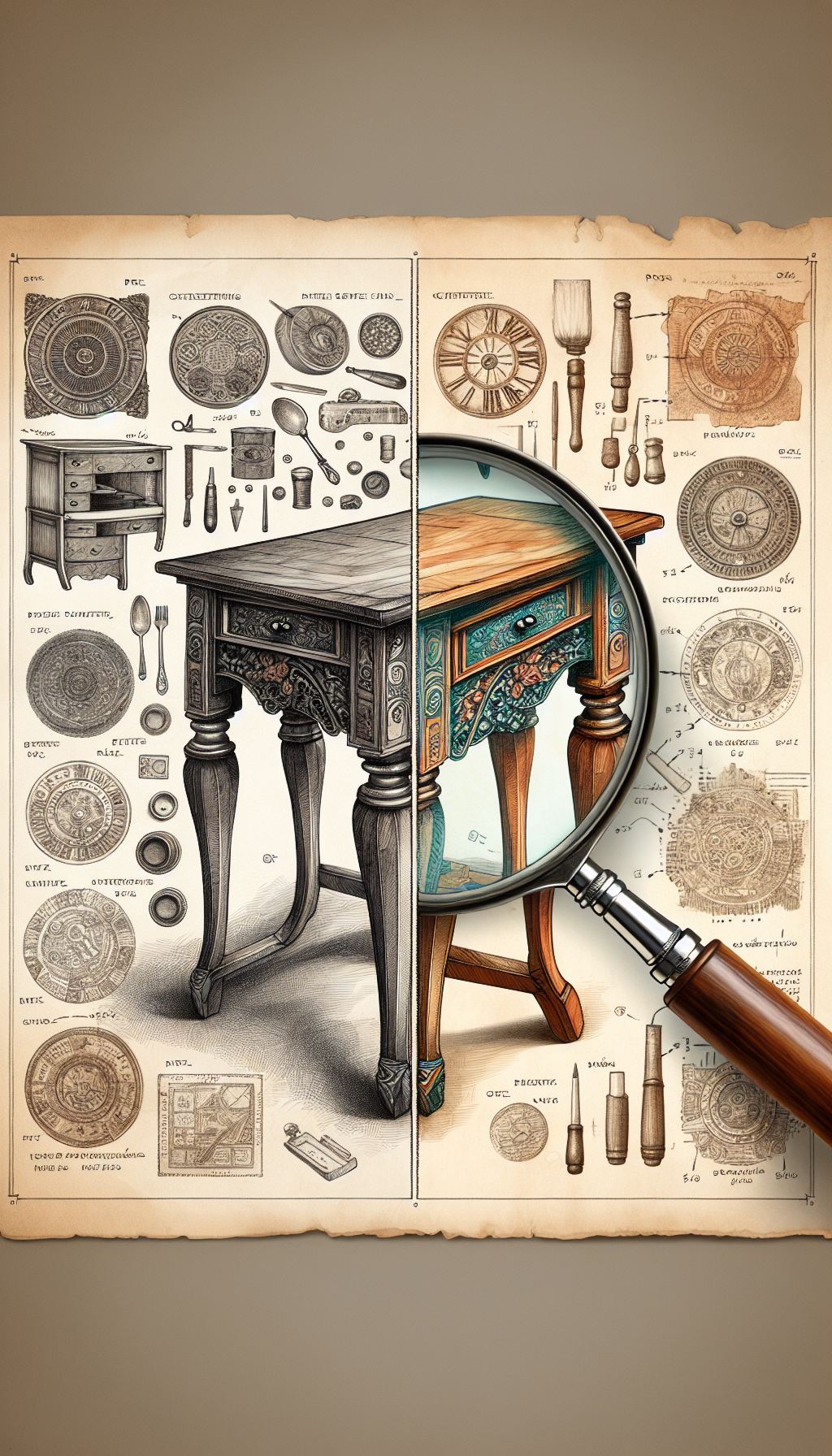 An intricate illustration featuring an antique table, half polished and pristine, the other half showing age with a magnifying glass hovering over a leg to reveal maker's marks and patina layers. Diverse sketch lines transition to a watercolor style, symbolizing the contrast between the table's history and its enduring craftsmanship, guiding the viewer in identifying the tales of time etched in wood.