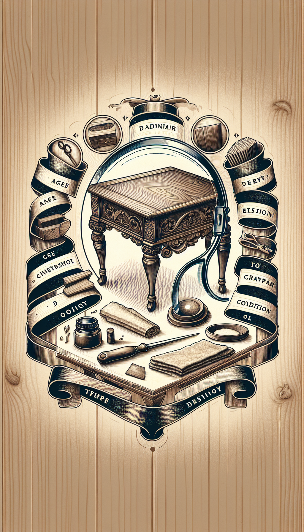 An illustration depicts a magnifying glass hovering over a meticulously detailed antique table, revealing fine wood grains, distinct carvings, and dovetail joints. Vintage care tools like a soft cloth, wax, and oil rest beside it. Intertwined around the table’s legs, a ribbon showcases words like "age," "origin," "craftsmanship," and "condition," symbolizing key appraisal factors.