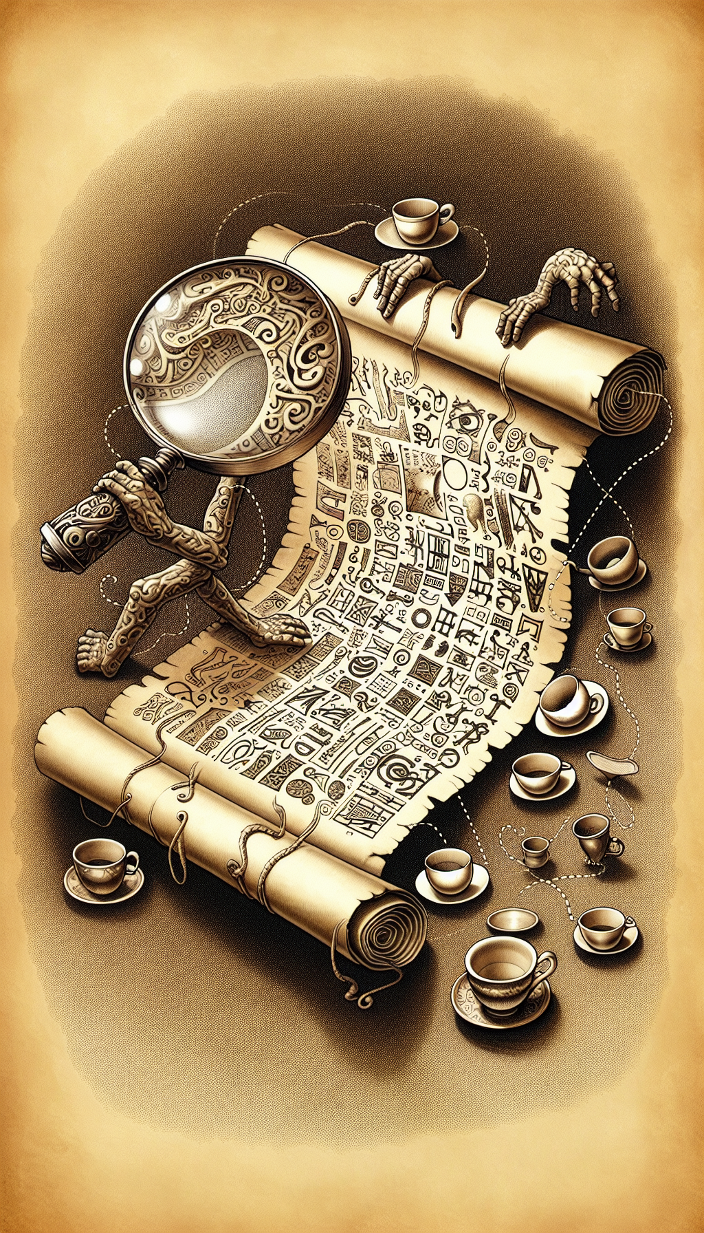 An inquisitive anthropomorphic magnifying glass peers closely at a whimsical parchment unfurling like a scroll beneath an array of antique teacups hovering above. The parchment reveals intricate maker's marks, styled as a cryptic map with dotted lines and symbols leading to each cup. The illustration merges with styles ranging from realistic to abstract, echoing the diversity and history encoded in the markings.