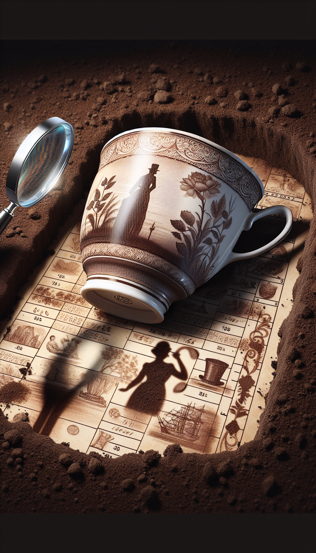 An illustration shows a partially buried, ornate antique tea cup in the soil, a magnifying glass hovering over the distinct hallmark at its base. Faint images of past eras like silhouettes—Victorian ladies, ancient trade ships—form the cup's delicate pattern. The cup casts a shadow that morphs into a timeline, detailing historical periods, anchoring the concept of age and origin.