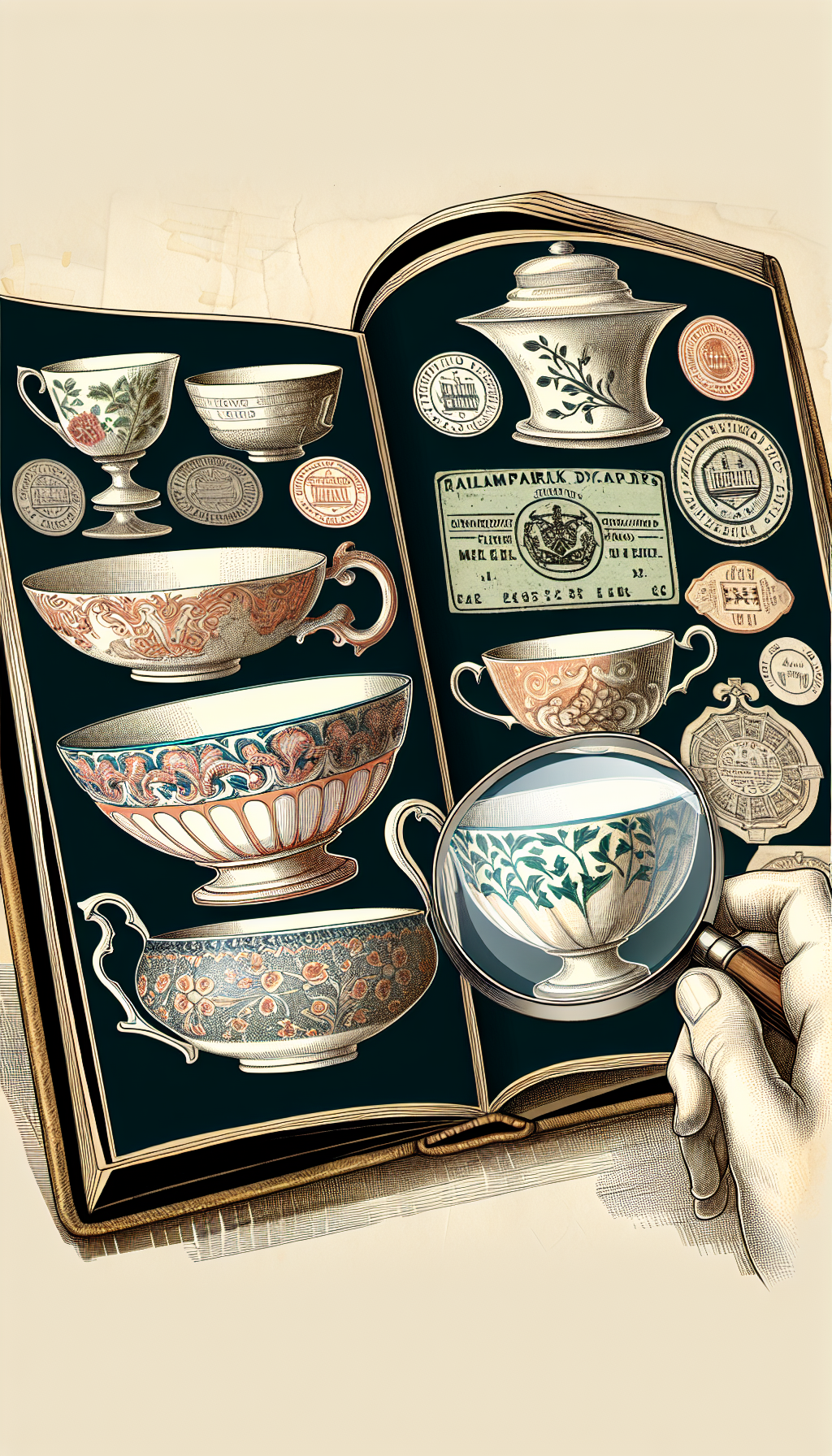 An illustration featuring an array of antique tea cups, each with distinct, intricate patterns circling their curves, rests atop an open, magnifying glass-clutched book with ghosted images of hallmark symbols and maker's marks. The cups are styled in various artistic techniques—watercolor, line art, and stippling—representing the visual lexicon to be deciphered by the marks and motifs beneath the translucent page overlay.