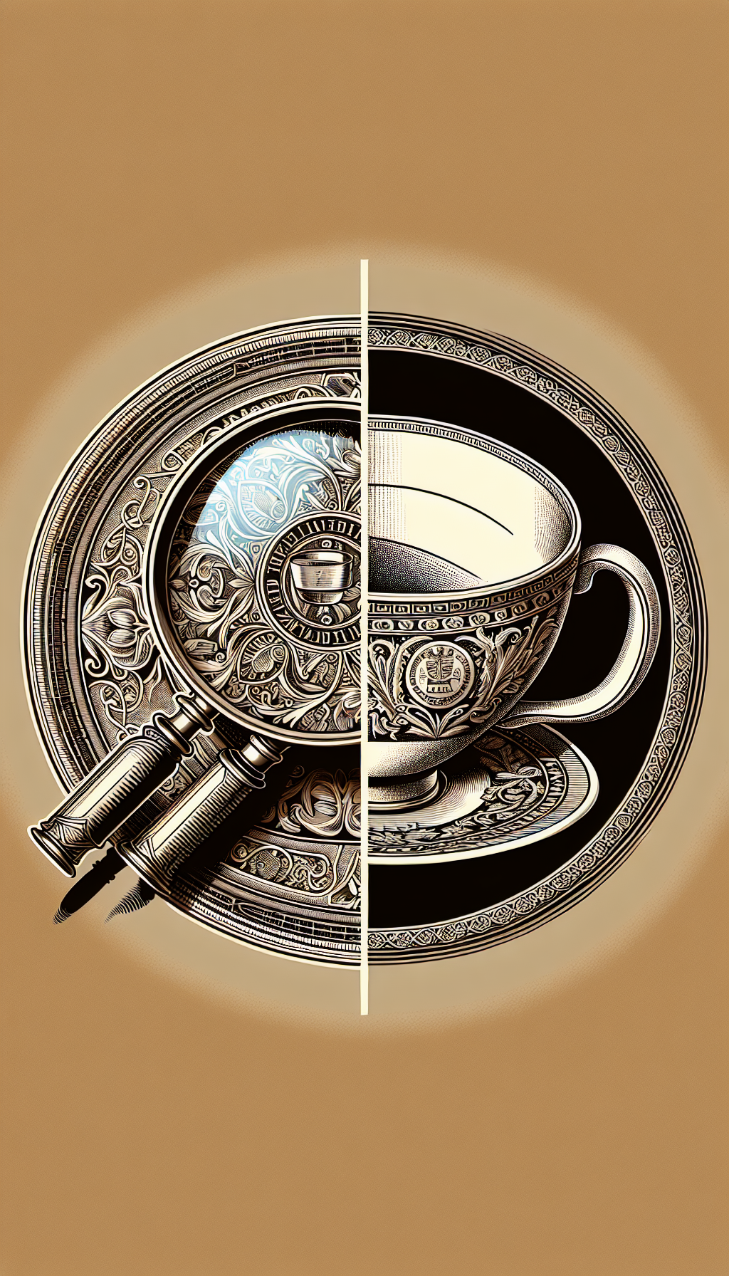 An intricate illustration showcases a magnifying glass hovering over the base of an ornate porcelain teacup, revealing detailed hallmark engravings. Half of the image is styled in sepia tones and Victorian linework, emphasizing the antique aspect, while the other half is in vivid colors, with modern, sharp lines highlighting the superior craftsmanship and continuity of quality through the ages.
