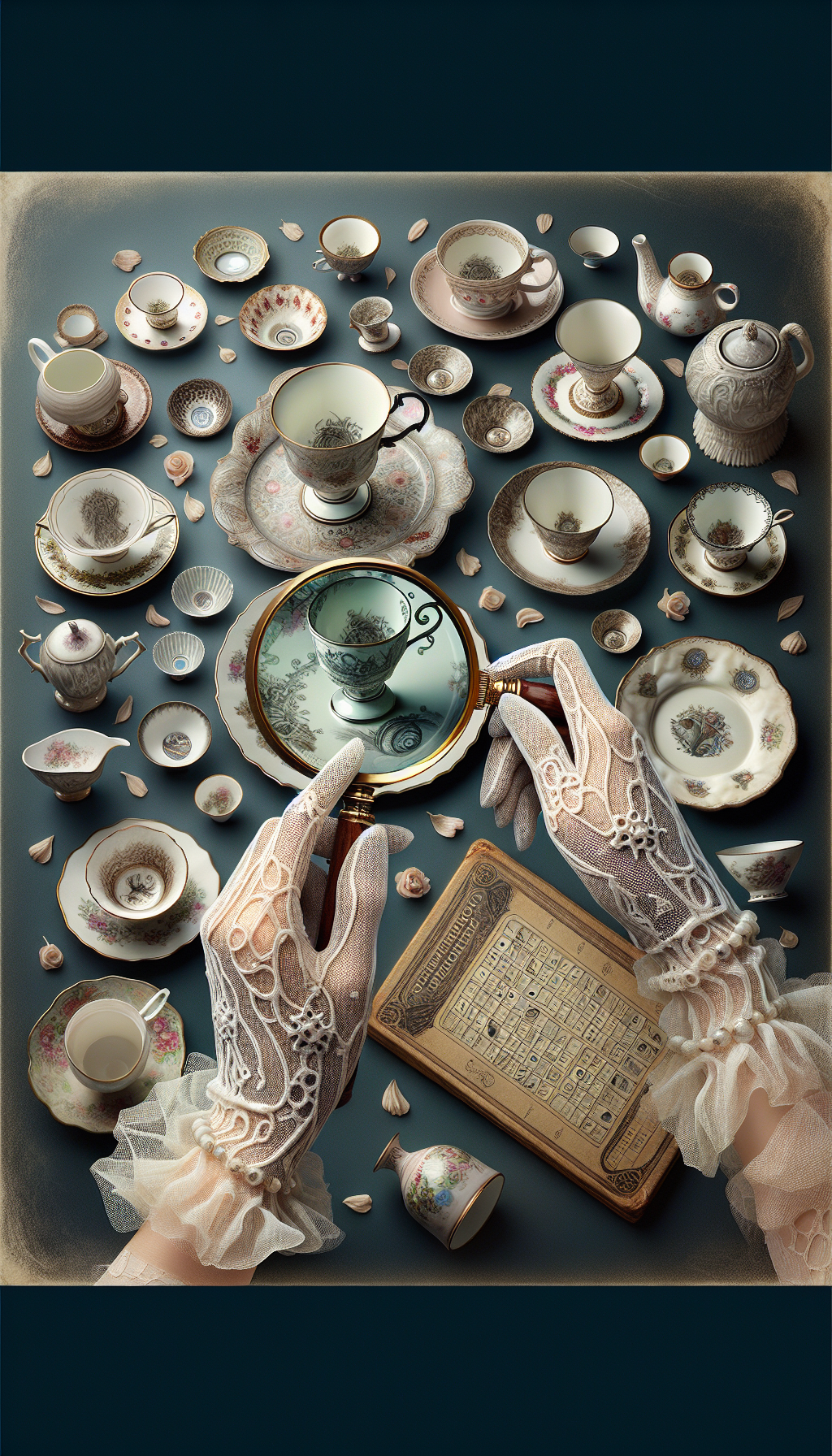 An elegant hand, wearing a delicate, lacy glove, gracefully holds an ornate antique tea cup, showing its unique bottom marking through a magnifying glass. A whimsical assortment of carefully placed cups and saucers, each with their own intricate designs, encircles a vintage guidebook on identifying antique markings, with a few gentle flower petals scattered to symbolize tender care.