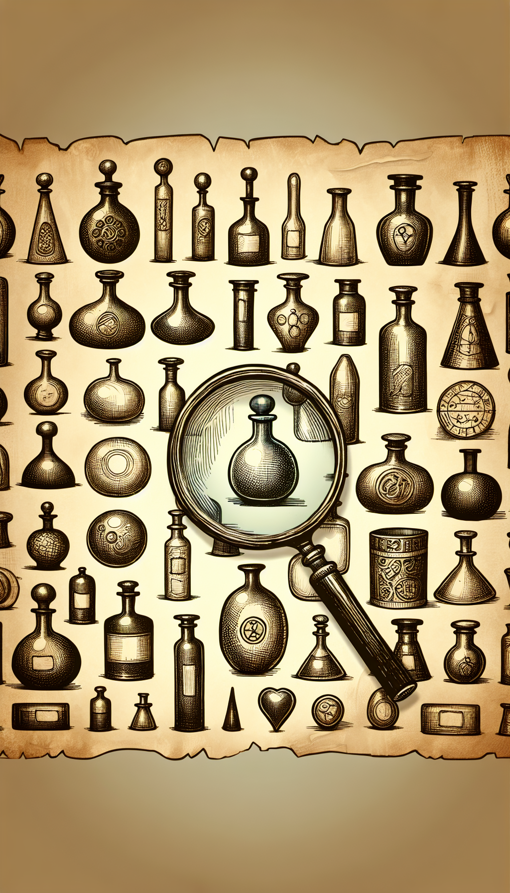 An illustration displays a variety of ancient apothecary bottles, each with a distinct shape – bulbous, elongated, flat-sided – sketched in whimsical, sepia-toned lines atop an aged parchment background. A magnifying glass hovers over a select few, revealing their intricate glass patterns and embossed labels, with a ghostly overlay of symbols and text denoting their historical uses.