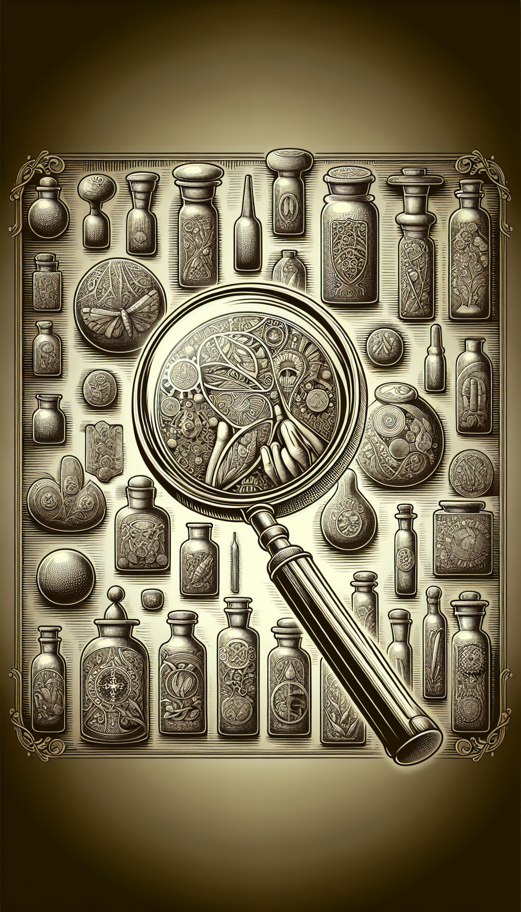 An alluring illustration shows a vintage magnifying glass hovering over an array of meticulously detailed old glass medicine bottles, each casting a reflection of its era's medical imagery. The diverse styles of the bottles represent the evolution of healthcare, with the magnifying glass symbolizing the scrutiny and expertise required for their historical identification.