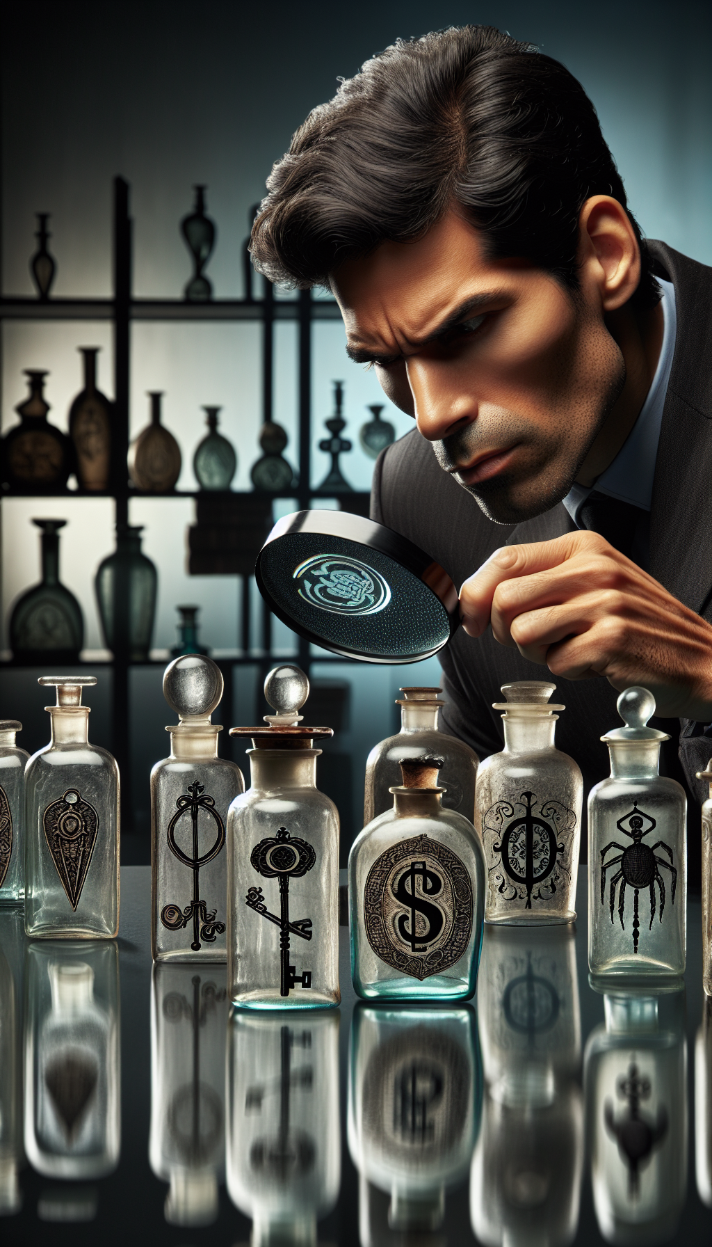 An eclectic detective peers through a magnifying glass at a lineup of old glass medicine bottles, each casting a unique shadow that reveals hidden symbols—a key for rarity, a dollar sign for value, and a question mark for mystery. The bottles themselves are intricately styled, ranging from sleek art deco to ornate Victorian, spotlighting their distinctiveness.