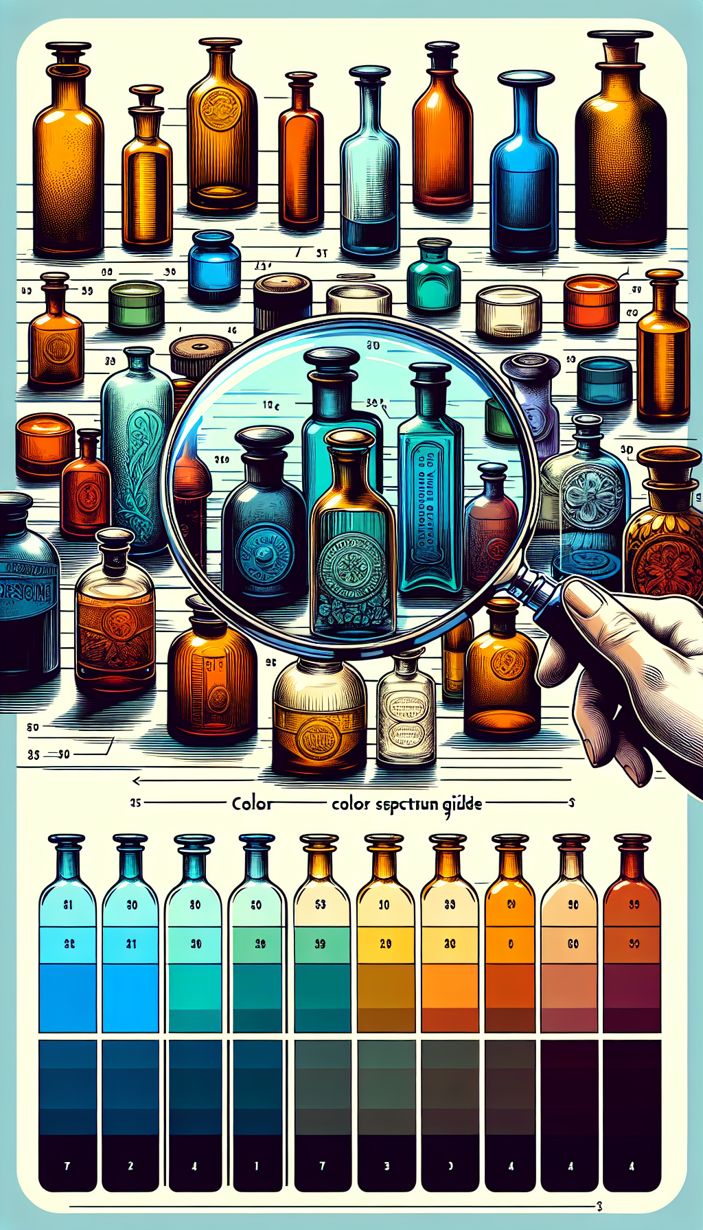 An illustration displays an array of old medicine bottles in various hues, set against a magnifying glass backdrop, revealing intricate details and imperfections. The bottles, varying from amber to cobalt, are subtly numbered, with a color spectrum guide at the bottom, symbolizing the identification process. The glass quality is depicted by contrasting textures: smooth, bubbled, and cracked within the magnifying focus.