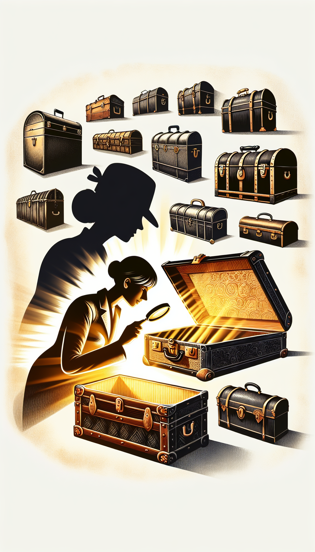 An evocative illustration depicts a detective with a magnifying glass peering into the interior of an open, ornate antique trunk that radiates a golden glow. Shadowy outlines of various trunk silhouettes—steamer, barrel-top, humpback—hover around him, each framed by an identifying label in different elaborate fonts, encapsulating the mystery and diversity of antique trunk identification.