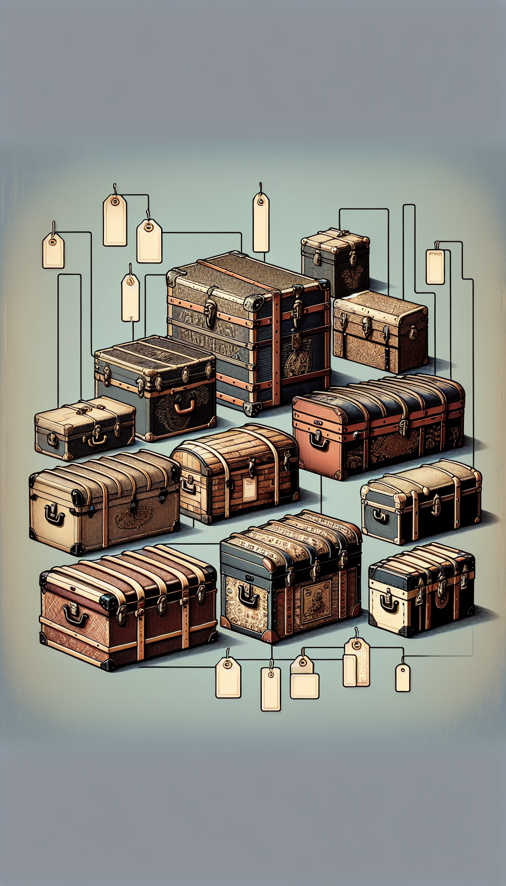 An illustrated lineup showcases an array of uniquely stylized vintage trunks: an ornate steamer, a classic Saratoga, and various other models. They each bear distinctive features—like metal banding, leather handles, or unique locks—and have overlaying tags sketching their era and type, as if in an antique catalog, hinting at a collector's guide to trunk identification.