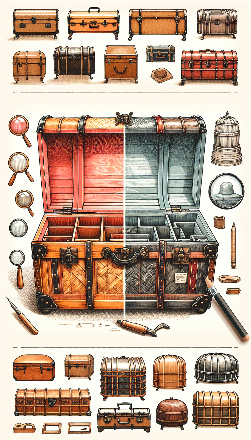 An illustration depicting a cross-section of an antique trunk, half shown as a detailed sketch and half in a rich watercolor style, revealing diverse materials such as metal, leather, and wood. Artisans' tools are subtly etched into the borders, while transparent vignettes of trunk types - steamer, wardrobe, and dome-topped - float above, with magnifying glasses highlighting their unique features.