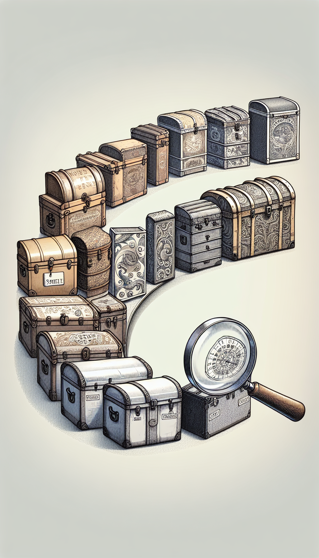 An illustration shows a series of vintage trunks morphing progressively into ornate treasure boxes along a curved timeline. Each trunk displays a distinct pattern or symbol signifying their original purpose (travel, military, steamer); a magnifying glass hovers over each, revealing a label that identifies its specific antique type (e.g., Jenny Lind, Saratoga) in varying artistic styles from realistic to abstract.