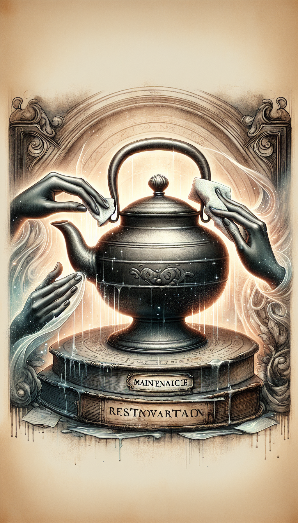 An illustration displaying a gleaming antique cast iron kettle taking center stage, with two ghosted hands gently polishing it using a soft cloth, one on each side. The kettle sits atop a pedestal of old books labeled 'Maintenance' and 'Restoration,' symbolizing knowledge as the foundation for preserving value. Soft, vintage hues reinforce the theme of timeless worth.