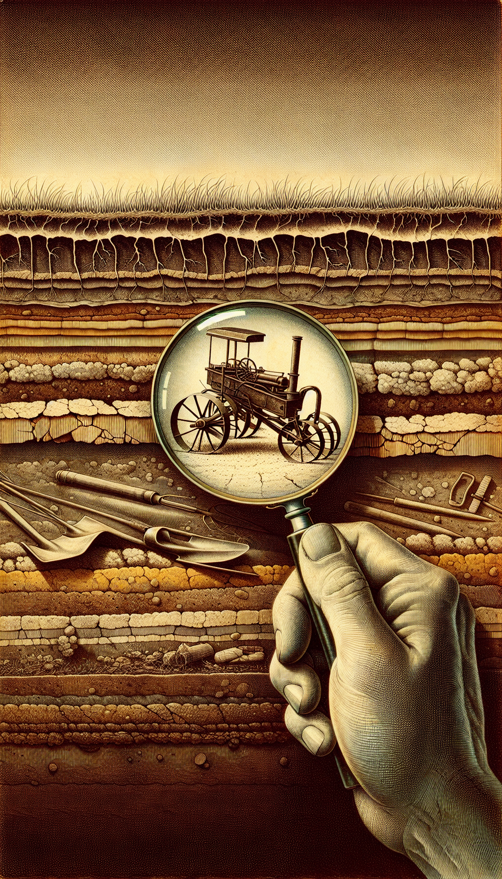 An illustration showcasing a stylized, sepia-toned cross-section of soil layers, with a magnifying glass held by an outstretched hand hovering over. In the magnifying glass's focus is a clear, vibrantly colored antique plow, contrasting against the muted tones of unearthed farm tools scattered throughout the underground layers, symbolizing the identification and discovery of historical agricultural artifacts.