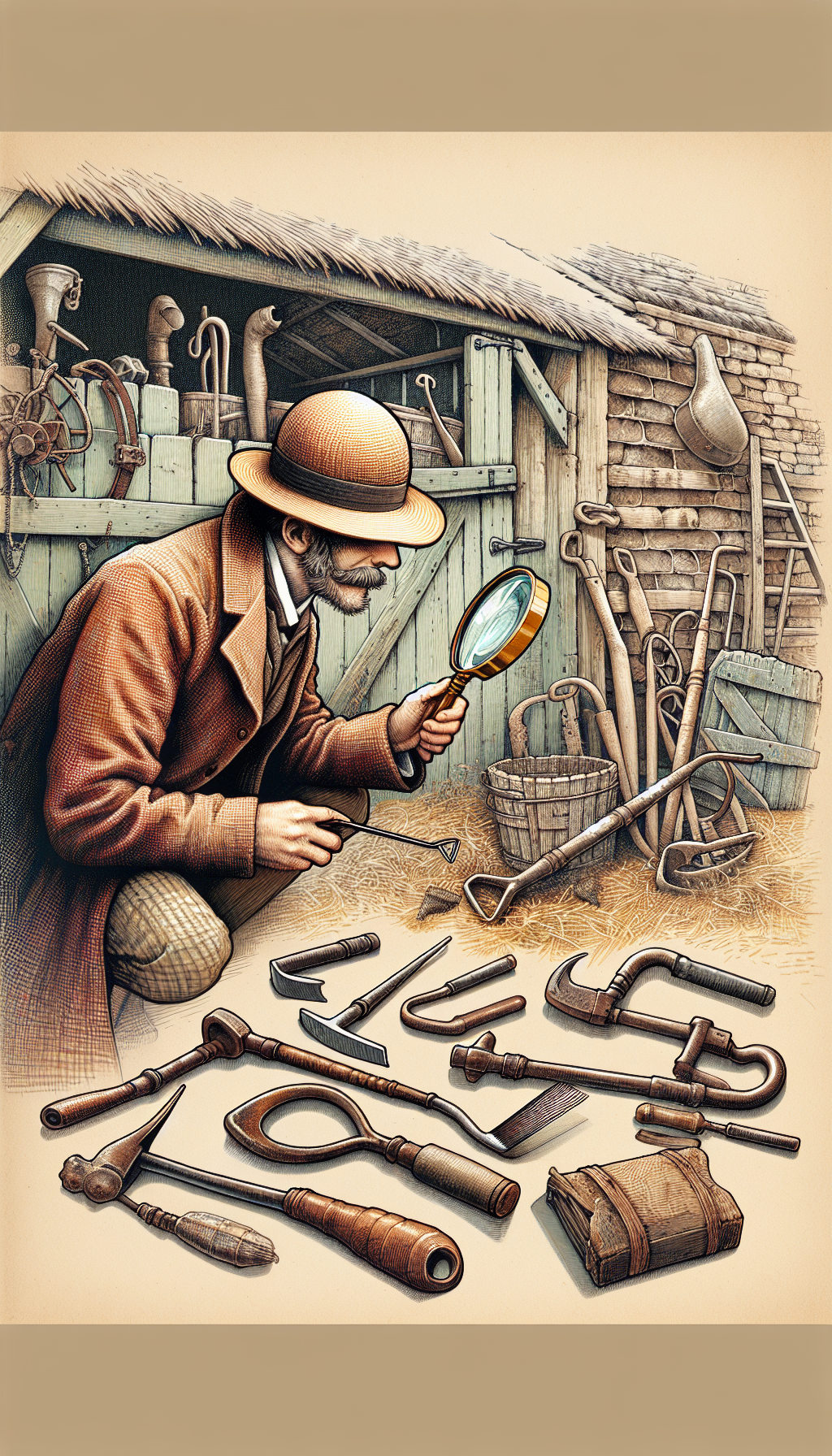 An idyllic countryside scene unfolds, where Sherlock Holmes playfully dons a straw hat, peering through a magnifying glass at a collection of antique farm tools scattered across a rustic barn floor. Intricate line art and soft watercolor patches highlight the shapes and details of each tool, inviting the viewer to join in the nostalgic detective work of agricultural history.