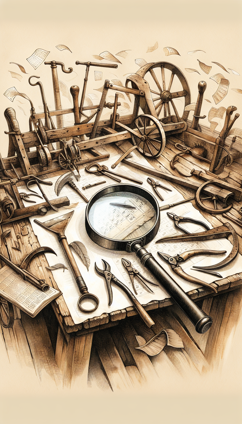 An illustration depicts a weathered wooden workbench, scattered with a variety of antique farm tools—rusty plows, scythes, and yokes. A magnifying glass hovers over the tools, focusing on distinct marks and patinas, while translucent calendar pages flutter in the background, symbolizing the passage of time. A style mix of sepia-toned watercolor and crisp line art emphasize the blend of age and discovery.