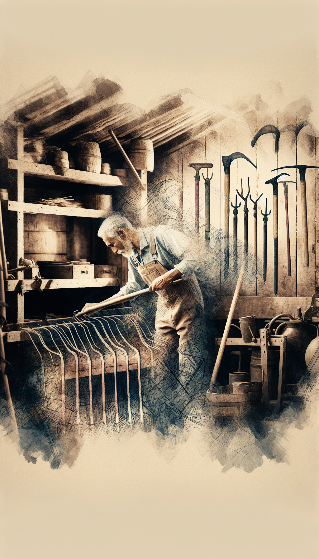 An illustration shows an elderly farmer in overalls tenderly oiling a cross-section of weathered tools—scythes, plows, pitchforks—nestled in a barn’s wooden loft. Each tool has a faint outline of its modern counterpart as a ghostly overlay, hinting at their evolution. Patches of pencil sketch, watercolor, and sepia tones intermingle, symbolizing the blend of historical value and ongoing care.