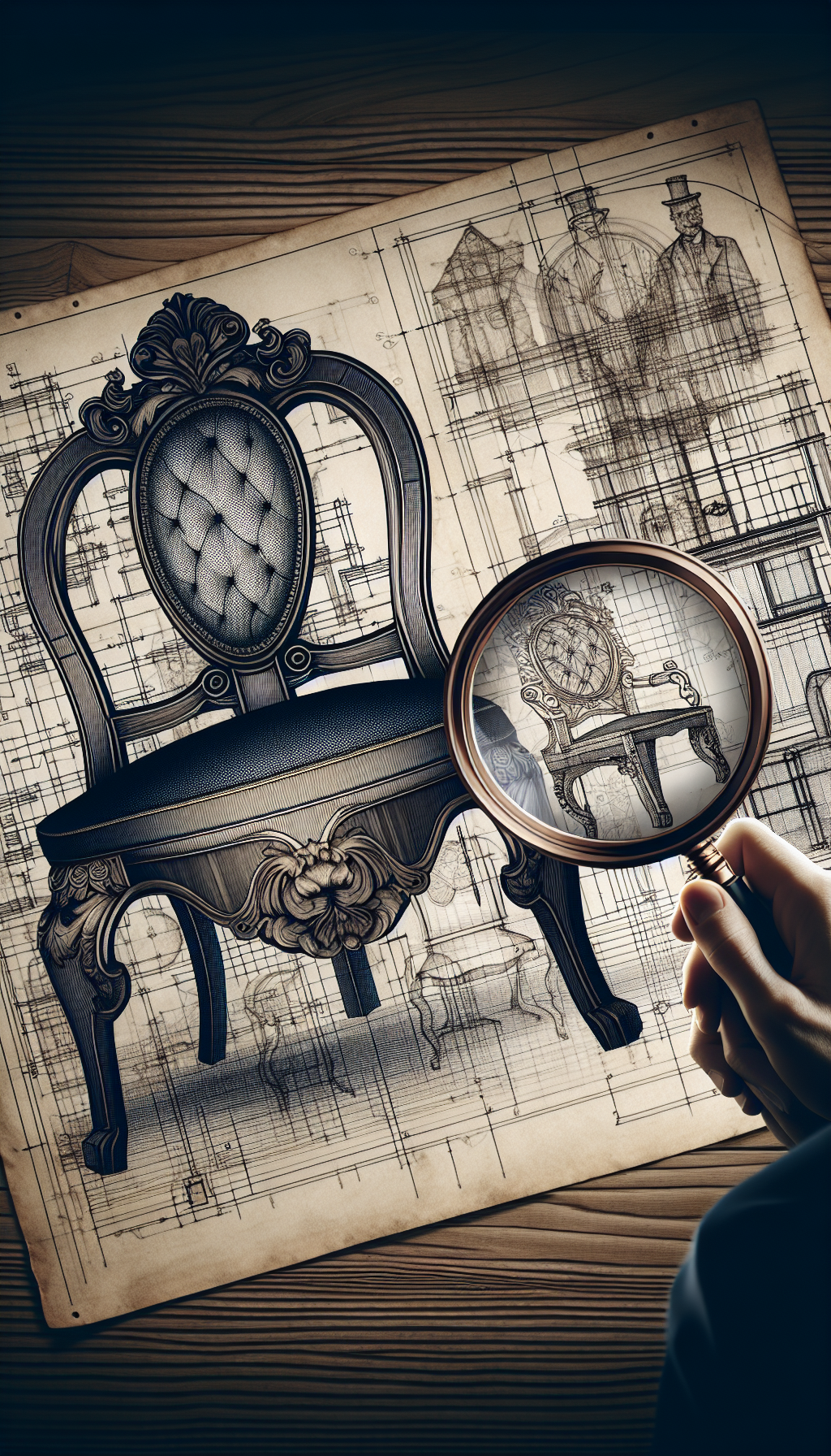 An intricate, half-transparent silhouette of an antique chair overlays blueprints, with a magnifying glass focusing on detailed wood joints and a beautiful veneer pattern. Elements of baroque, realism, and line art interweave, emphasizing the craftsmanship in antique furniture identification, while a subtle, ghosted question mark looms over the silhouette, symbolizing the quest for knowledge of the piece's origins.