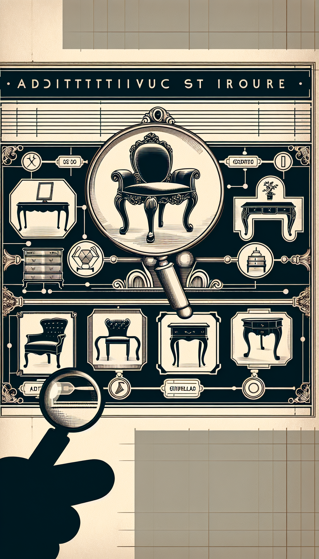An illustrative timeline unfurls showcasing silhouette outlines of iconic antique furniture pieces from different historical periods—an ornate Victorian chair, a sleek Art Deco table, a robust Chippendale desk, etc. Each piece features a magnifying glass hovering above, highlighting key design elements. Simple icons or text tags denote the era each represents, aiding in the 'identify my antique furniture' educational quest.