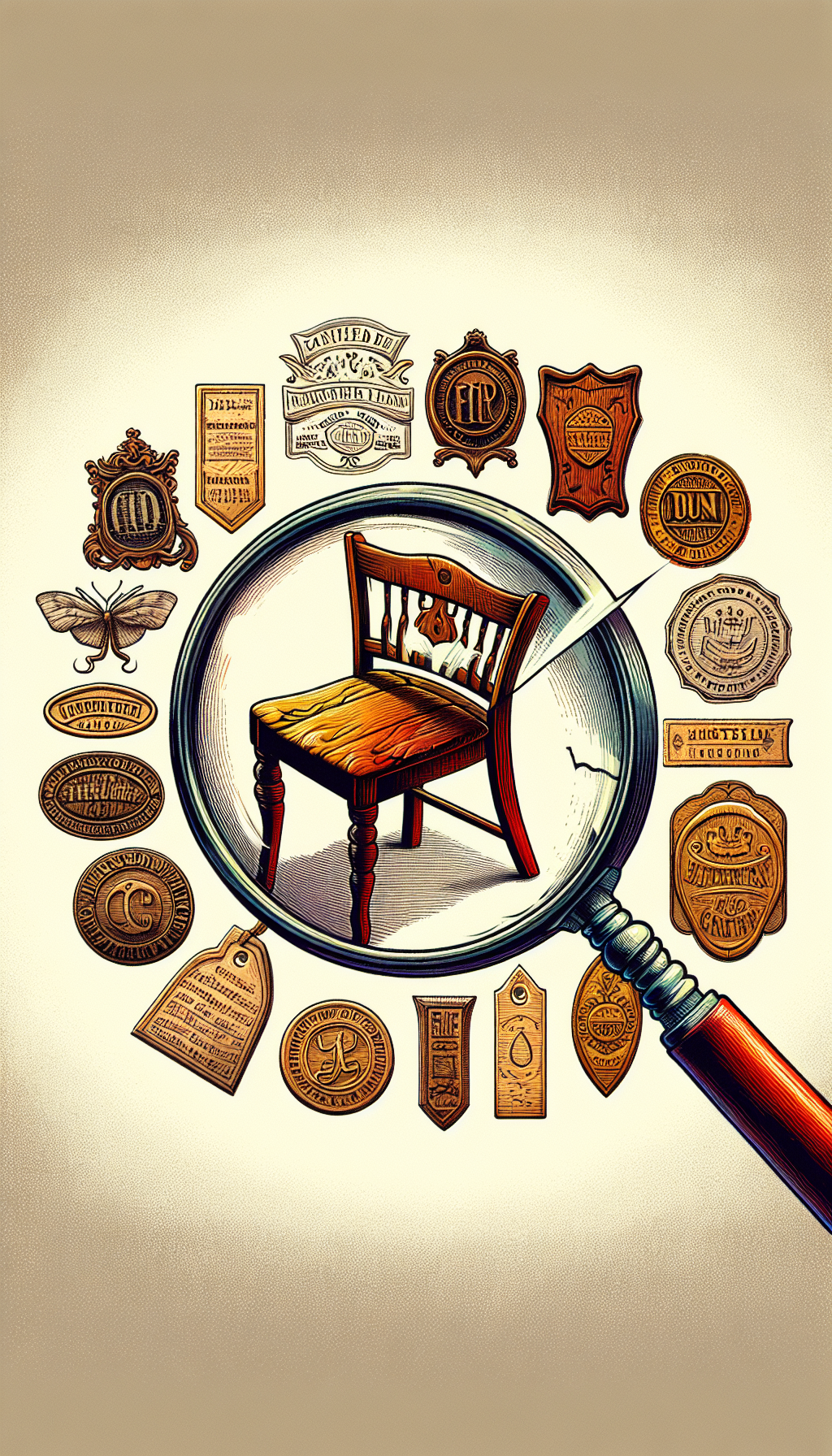 An illustration displaying a magnifying glass revealing a hidden layer of an antique chair, beneath which a variety of authenticating marks such as signatures, ornate labels, and distinctive hallmarks gleam. Each mark is stylized differently—sketched, watercolored, and digitally rendered, respectively—symbolizing the diverse methods of verifying the authenticity and provenance of antique furniture.