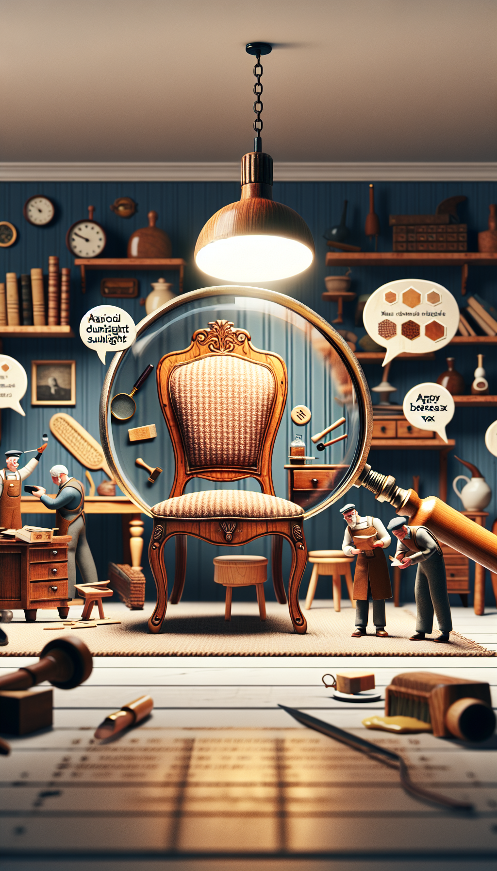 An illustration of a cozy vintage study, where a magnifying glass hovers over an elegant antique chair, revealing its grain and maker's marks. Around the room, animated tiny woodworkers busily polish surfaces and repair joints on various pieces, meanwhile, bubble-like text boxes pop with succinct care tips like "No Direct Sunlight" or "Use Beeswax". The eclectic image melds meticulous detail and playful caricature.