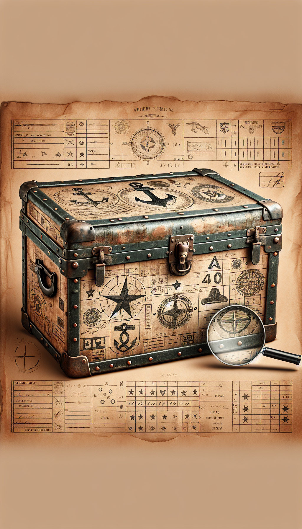 An illustration showing a weathered antique military trunk against a parchment backdrop, with its surface adorned with various faded and distinct marks – stars, anchors, unit numbers – each connected by fine lines to a magnifying glass that reveals their meaning and origin. Styles vary from photorealistic trunk textures to vintage line drawings for the symbols and annotations.