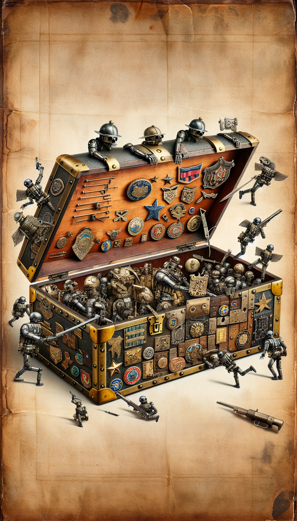 An intricate steampunk-inspired collage depicts a partially open antique military trunk, its brass corners and latches glinting, with various vintage badges, ranks, and insignia morphing into metallic creatures that playfully climb around and examine the hardware, serving as guides to the trunk's history. The textured background hints at old parchment, reinforcing the item's age and authenticity.